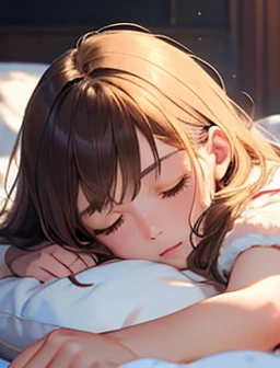 Sleeping teenage girl posing and lying inside a caravan truck next to the caravan truck door, put one&#39;s head on the pillow, dark night sky in mountain cave, rotation of light, rotation of the lamp, 22 years old, extremely realistic, She is wearing pajamas, brown hair. Perfect hands and perfect fingers. Perfect details of caravan truck