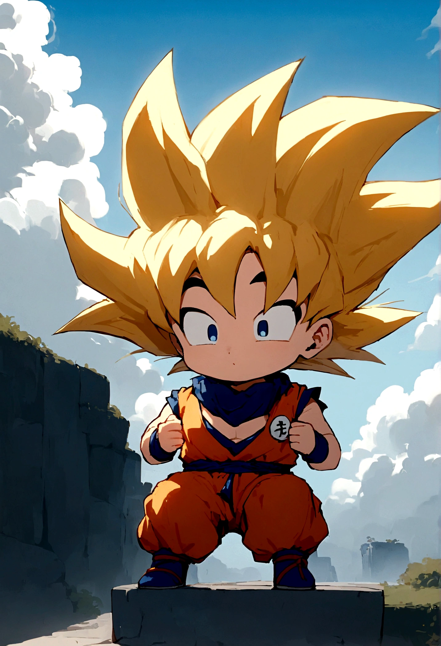 Goku Chibi, 1个boy, Male focus, Super Sayekin, Goku costume, Solitary, sky空, cloud, sky, blue sky空, boy, outdoor, Upper Body, overcast sky空