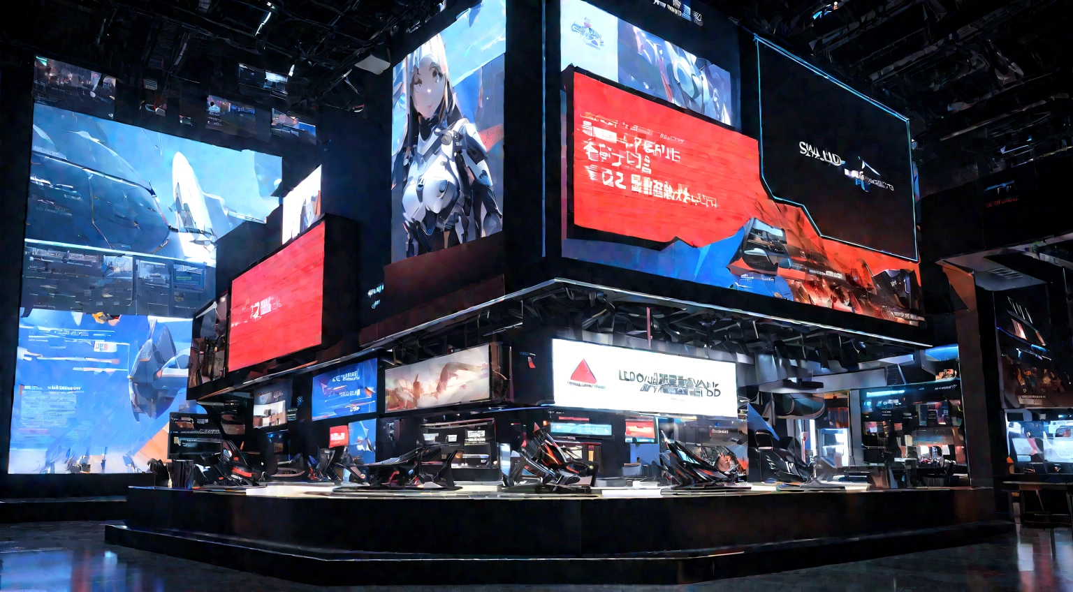 blue and white exhibition stand with elements such as the China spaceship model, company logo and product display table, LED screen, data, front. The background wall, showing, information, chair for visitors to sit,32K UHD，Rendered in Cinema4D