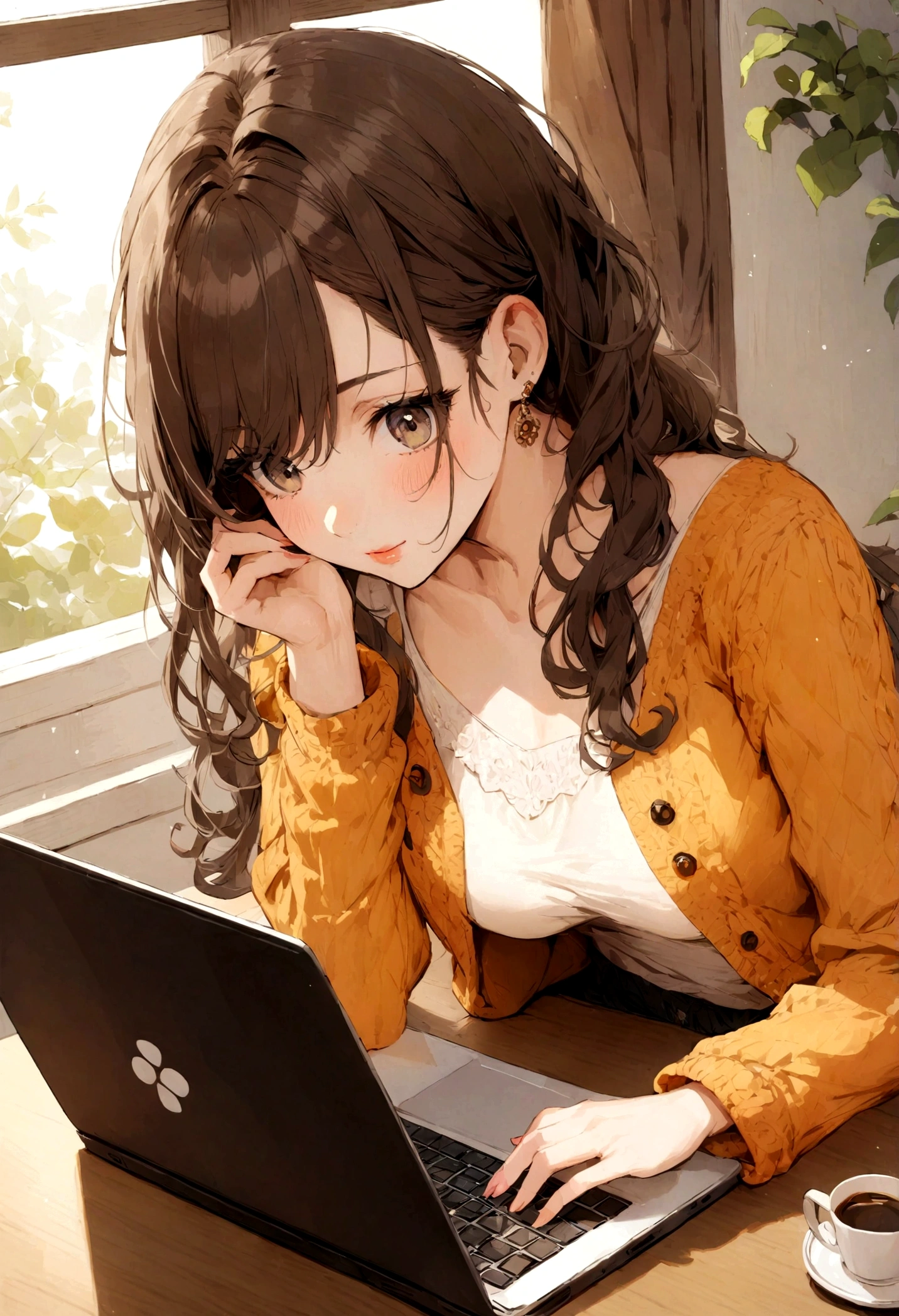 beautiful girl dressed casually but sexy with a laptop and a coffee