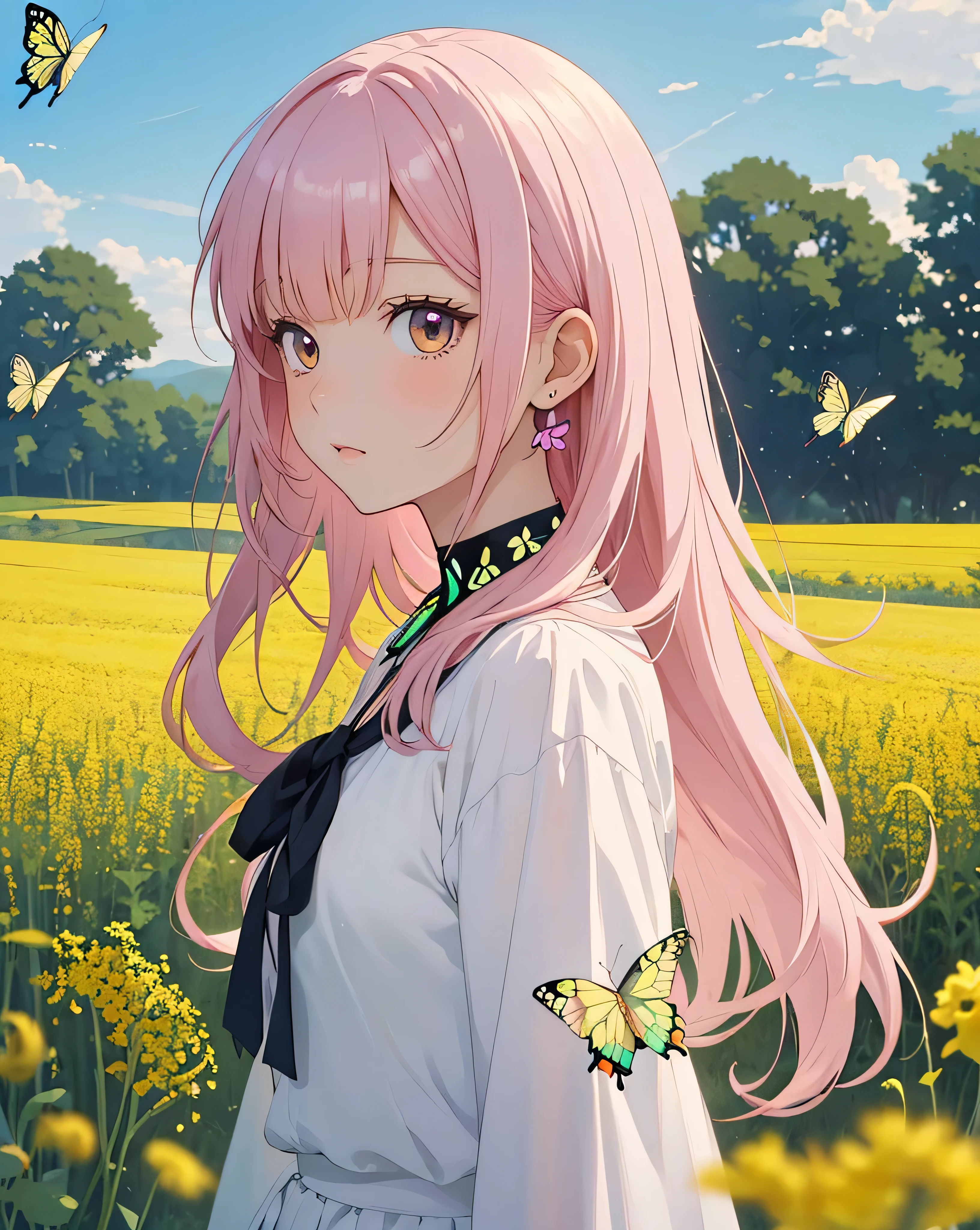 masterpiece, best quality, extremely detailed, anime, Girl, pink hair, long hair, white blouse, rapeseed field, ((big swallowtail butterfly on her neck)),,