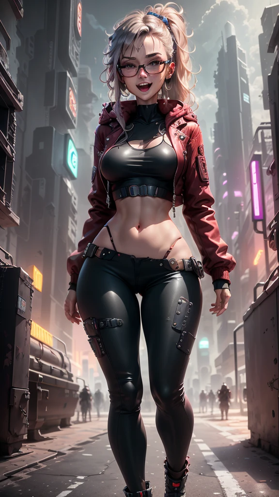 solo, female character, cyberpunk, cyberpunk glasses, futuristic led glasses, cyberpunk city, neon colors, evil laugh, cyborg parts, leather jacket, dark pants, long hair, messy hair, 