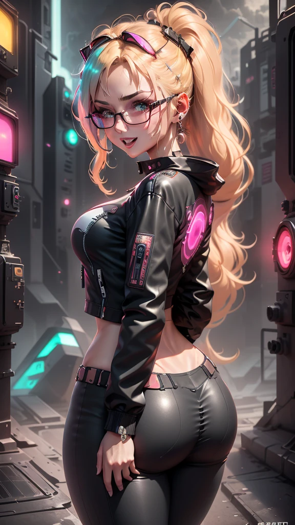 solo, female character, cyberpunk, cyberpunk glasses, futuristic led glasses, cyberpunk city, neon colors, evil laugh, cyborg parts, leather jacket, dark pants, long hair, messy hair, 