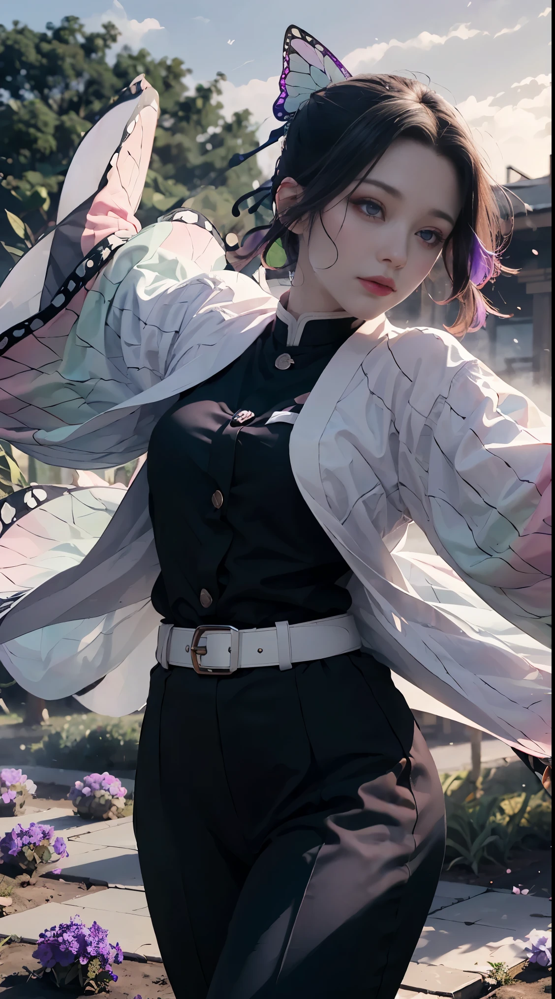 Ultra-realistic 8k CG, masterpiece, close-up, (dynamic pose: 1.3), beauty, goddess, from the front, from the front, face sticking out, (super detailed background, delicate patterns, intricate details)), high quality, highly detailed face, highly detailed eyes and face, highly detailed eyes, kocho shinobi, multicolored hair, no bangs, hair intake, purple eyes, forehead, black shirt, black pants, (haori, Butterfly: 1.3, button, belt), (garden: 1.2), purple flowers, red cliffs, cloudy sky, sunlight, tyndall effect, gradient_sky, face, gorgeous sky, waist sword,