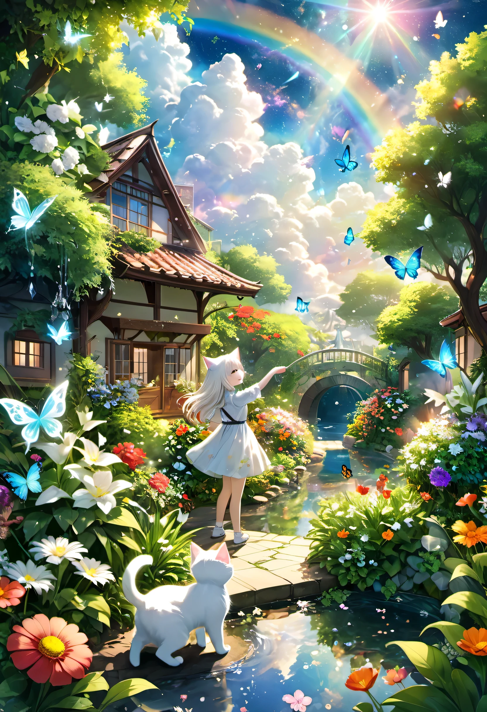 This scene is very mesmerizing.。A girl and a white kitten are in a beautiful garden.。 The girl looked at the white kitten in amusement.。A white kitten is having fun trying to catch a butterfly.。 The garden is decorated with lush greenery and colorful flowers..。The garden is bathed in spring sunshine., giving a warm light.。Many people surrounded the white kitten.々butterfly flying。Flying butterflies create a lively atmosphere..。 white kitten expression、The detailed fur and unique folded ears add to the charm..。The garden is beautifully maintained.、The shrubs are neatly trimmed and々Various plants are arranged.。stream&#39;The crystal clear water reflects the tranquil surroundings..、In the distance, colorful house facades々It adds a little weirdness to the scene..。 The scene has an atmosphere of tranquility and contemplation..、Conveying a world of high imagination。Guardian Nebula of Rainbow Light and Silver Vapor、The color of the corrosive surrounding radiation family filled the sky.、There was a feeling of fluidity in the air..。A beautiful work of art that radiates a mysterious aura..。