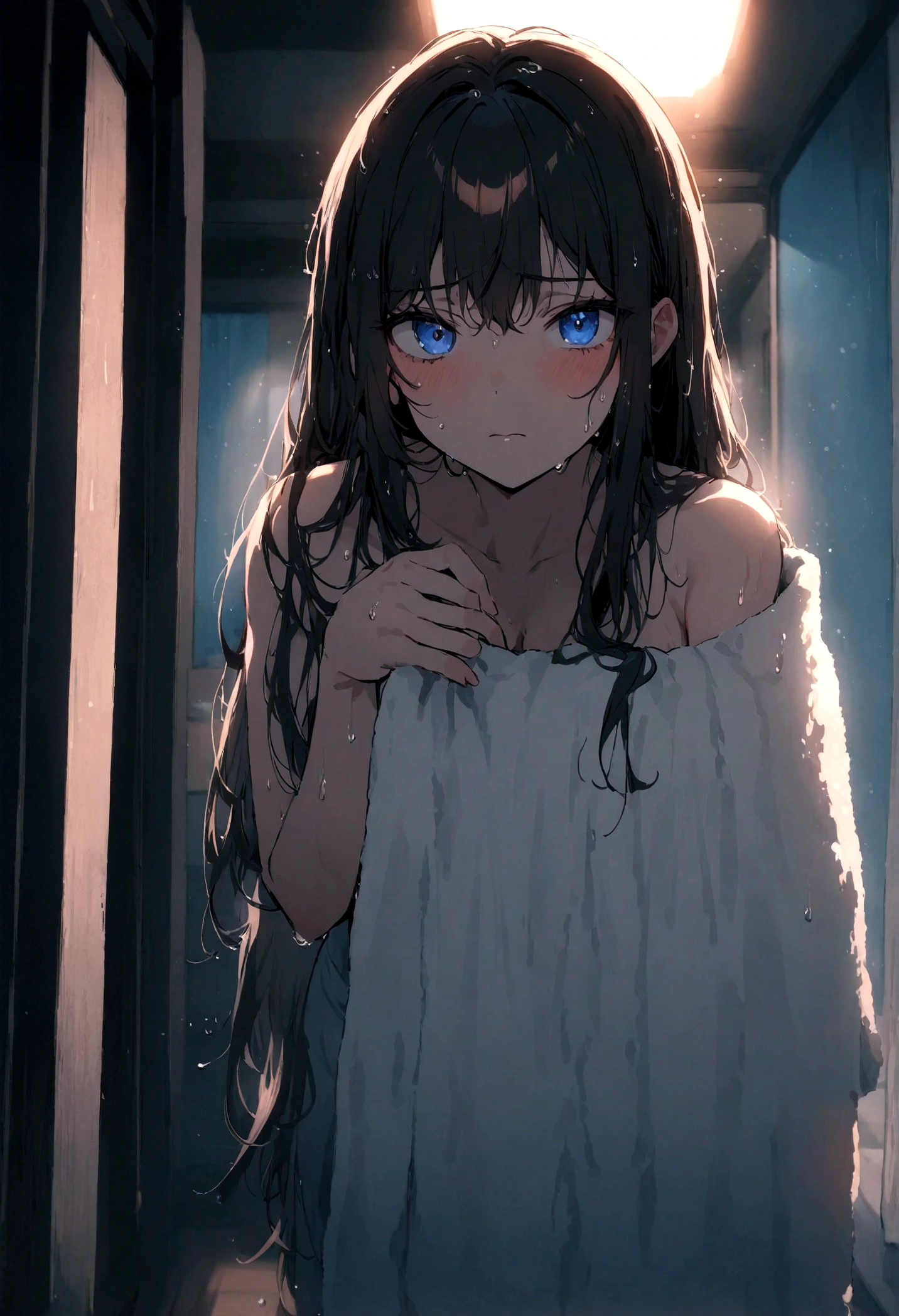 Wet waifus 🥀♀️Waifu 🖤 Beautiful waifus 評論 6 檢視更多 AG Alex Gaming Yt 9 hours ago what the hell is this thiis🤮 1girl, blue eyes, black long hair, wet hair, straight hair, straight wet hair, beautiful face, cute face, wearing towel, full body covered by towel, white towel, looking at the viewer, indoor change room, disappointed expressions, vibrant colors, masterpiece, sharp focus, best quality, depth of field, cinematic lighting, Gradient Darkness, glowing, light, dark