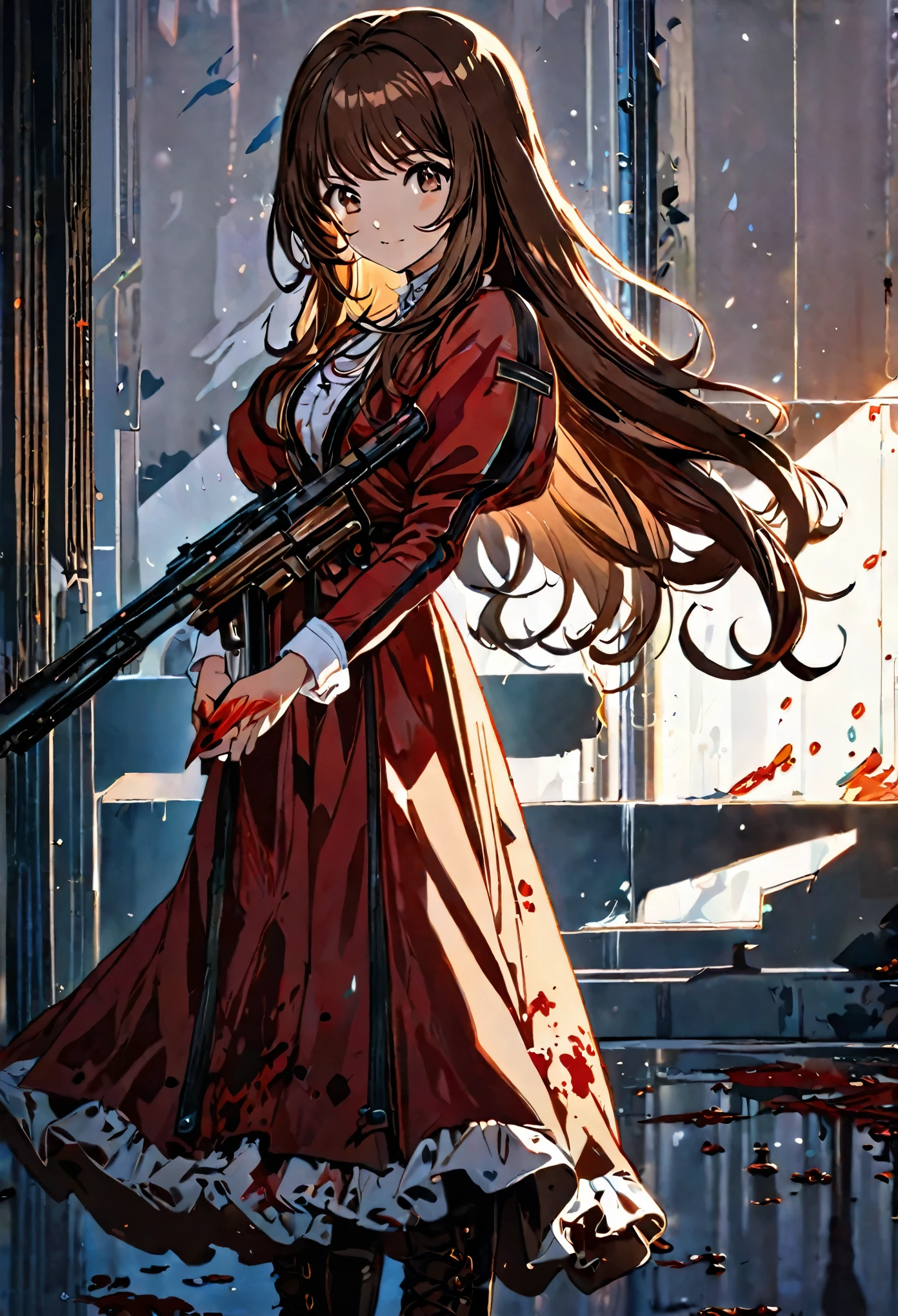 (masterpiece), (best quality), (ultra-detailed), (best illustration), (best shadow), (absurdres), (detailed background), (very aesthetic), shiny, detailed beautiful eyes, outstanding, countershading, detailed soft lighting, an exquisite animation illustration, high resolution, unity 8k wallpaper, (illustration), anime style, source_anime, cute, (1girl, solo), erica fontaine, 1girl, brown hair, brown eyes, long hair, (bangs), low tied hair, bangs, sidelocks, red dress, puffy sleeves, long sleeves, brown boots, long dress, ((blood, bloody, blood on arm, blood on face, blood on clothes, blood on hands, holding machine gun)