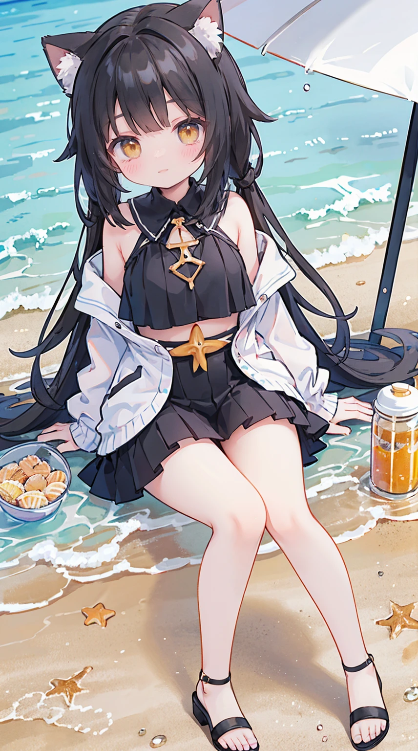 anime girl sitting on the beach with her cat ears up, At the beach, At the beach上,sitting,on the beach,shy,She was pushed down, seductive anime girl,photo poses,black hair,Yellow eyes, At the beach, in the sea, on a sunny beach, At the beach上, in the seaside,Wearing strappy heels,Black mini skirt,beautiful legs