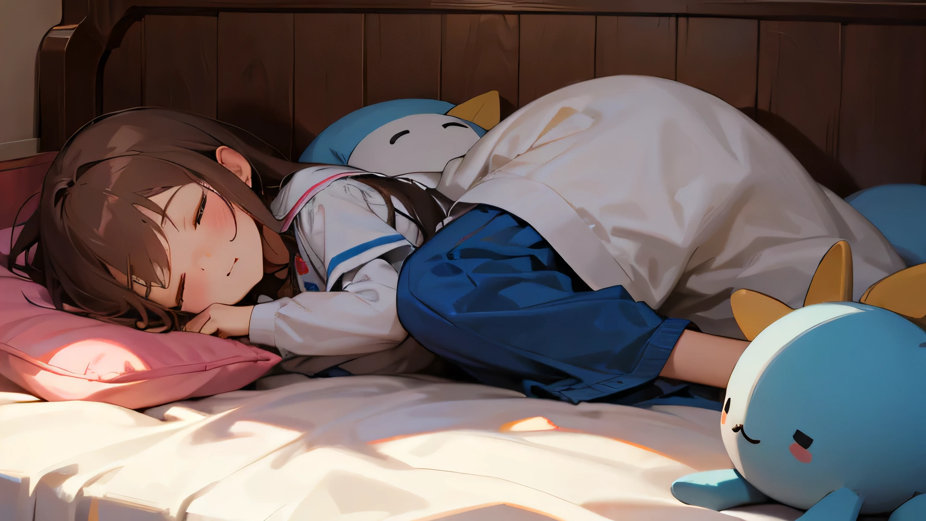 Girl sleeping in the room, stuffed animal next to her