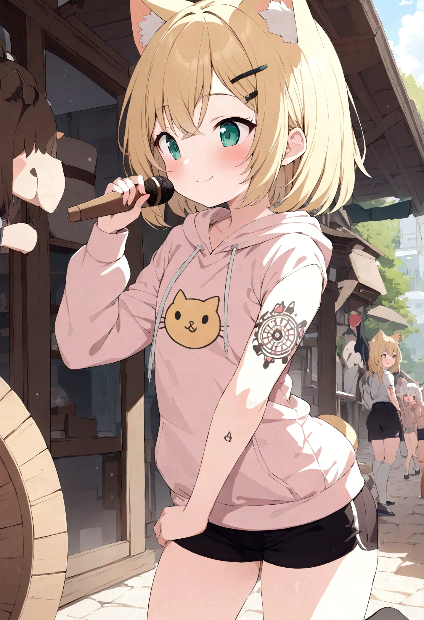 (masterpiece), (best quality), (illustration), (Super detailed), (high resolution), absurd, A girl, (Kagamine wheel), (singing), Smile, short hair, Hairpin, (cat ear hoodie), Wear a hoodie, Cute Sleeves, blush, Black shorts, (Blonde), (Number 02 tattoo on left arm), Very cute girl, small, young, Beautifully, outdoor, Focus on girls