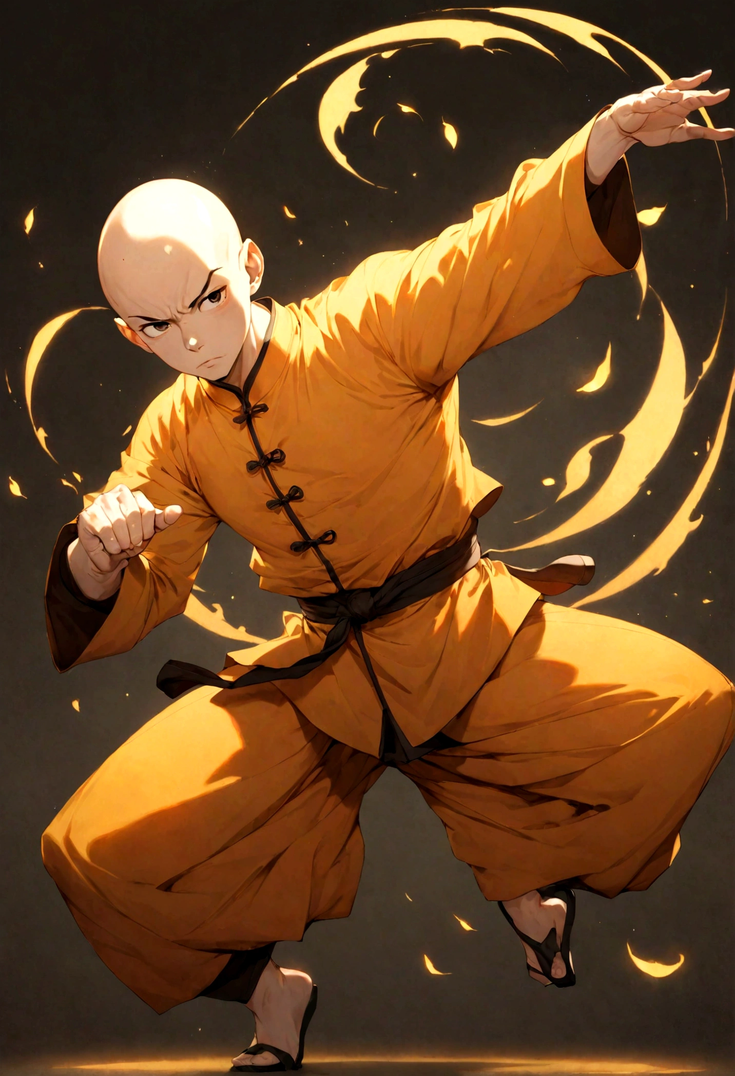 Shaolin monk good at martial arts, bald head, rim light, kung fu pose, cartoon form