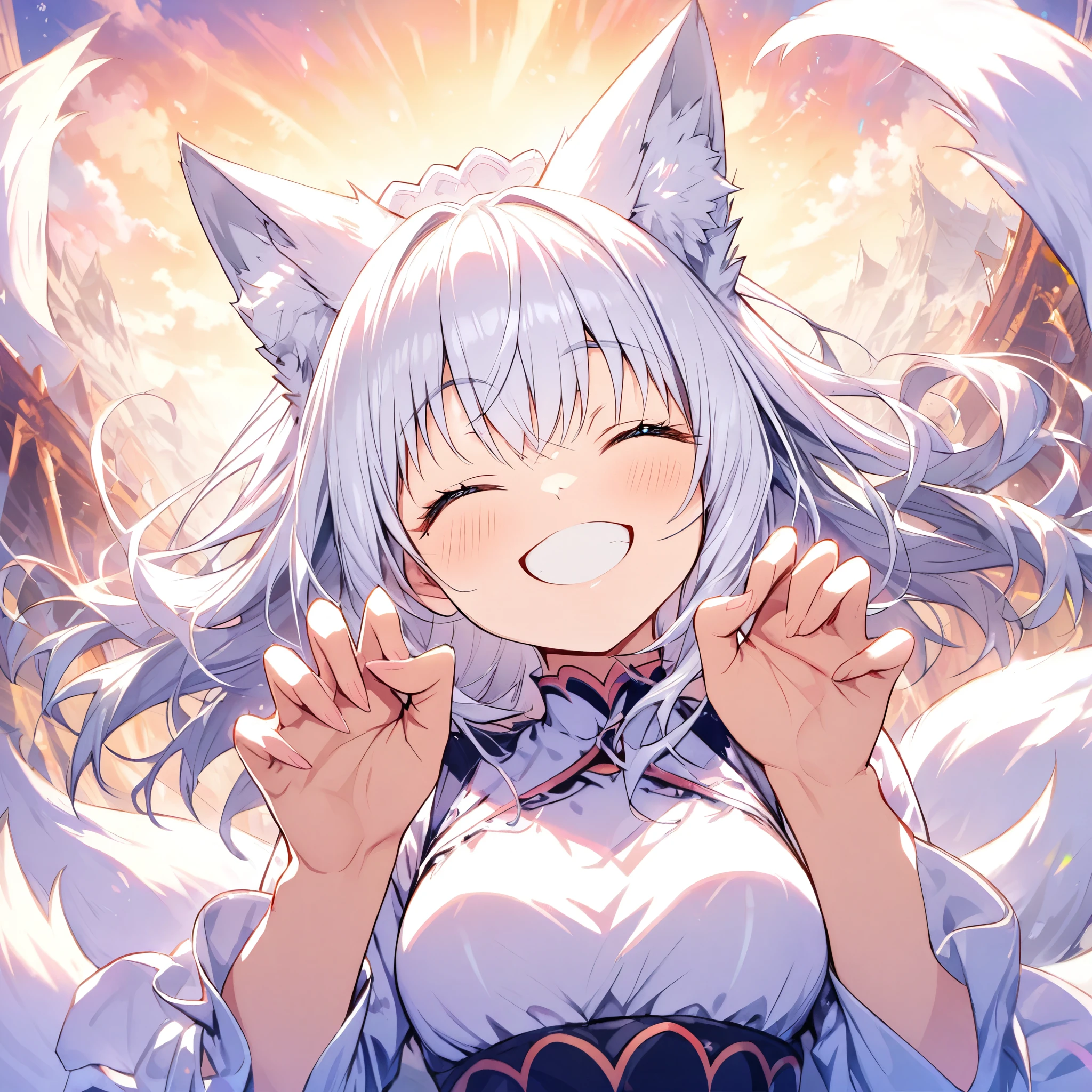 face close-up,fox pose,(((perfect hand))),(Smiling with eyes closed),Spectacular Background,