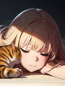 masterpiece, 最high quality, (((Girl lying face down)))、((Cat lying on head))、, Beautiful details, Beautiful and sophisticated cat,, very fine fur, Soft and fluffy, Adorable, Playful, Curious look, Long Hair Girl, Girl looking up at cat, Intricate details, high quality, 8k, Realistic, masterpiece, Natural light, Warm tones