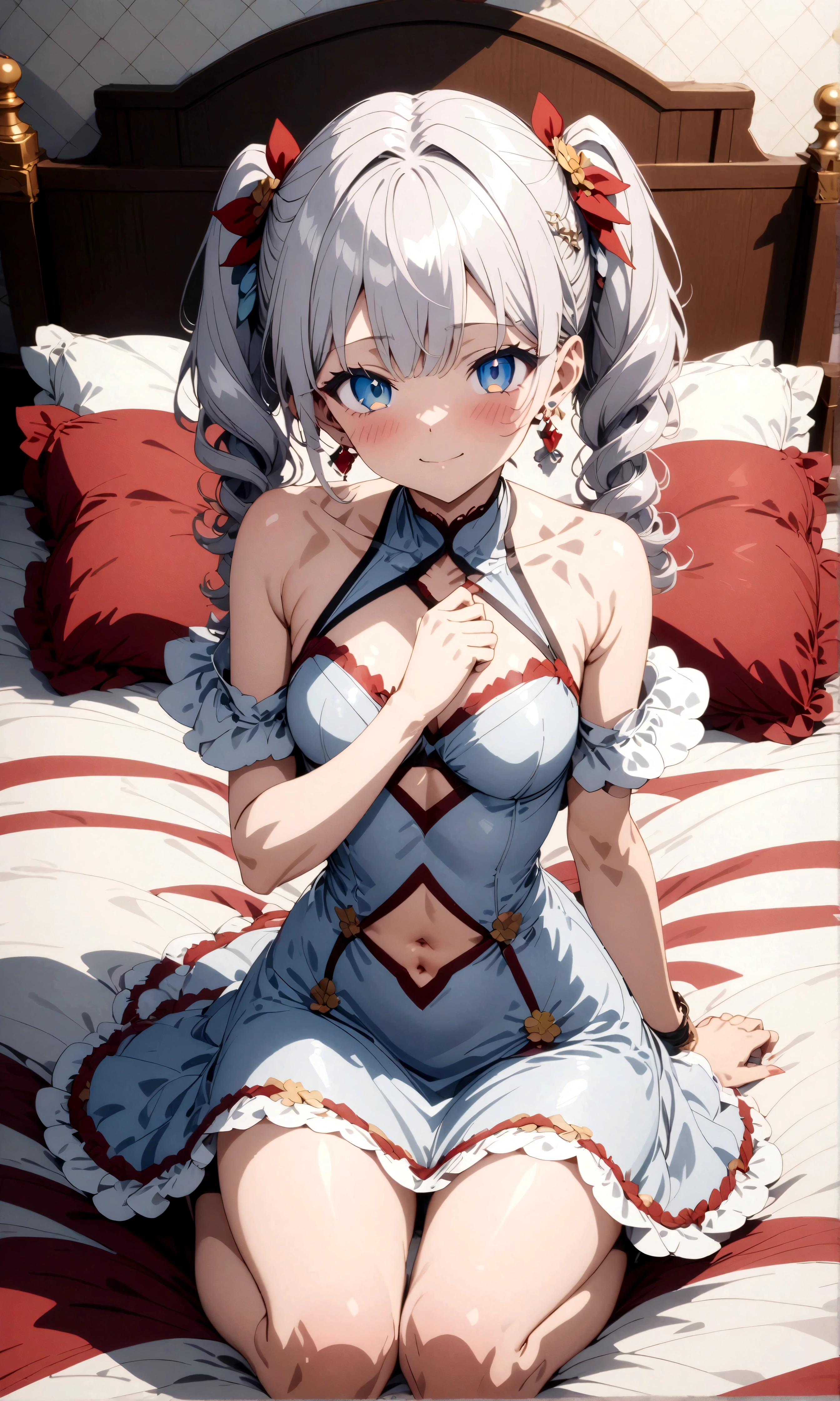 anime screencap,(masterpiece:1.2), (best quality:1.2), newest, ai-generated ,intricate details,1girl,camellya, white hair, twintails, hair ornament, blue eyes, jewelry, earrings, dress, navel cutout, flower, indoors, bed, bed room,full body, looking at viewer, smile, open mouth, blush, looking at viewer,vibrant colors, smile,closed mouth,