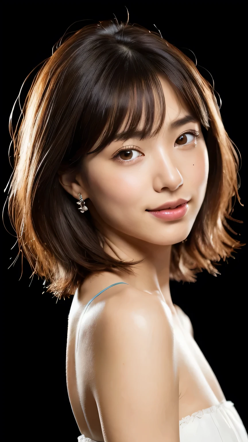 (8k, RAW Photo, Best Quality, Masterpiece:1.2), Ultra Detail, Super Resolution, (Realistic, Realistic Photo:1.37), Portrait, High Detail RAW Color Photo, Professional Photo, Extremely Detailed and Beautiful, Extremely detailed, 8k wallpaper, amazing and detailed, huge file size, official art, highly detailed CG unity 8k wallpaper, highly detailed beautiful girl, highly detailed face, highly detailed eyes, highly detailed skin, highly detailed fingers, highly detailed nose, very detailed detailed mouth , perfect anatomy, highly detailed background, highly detailed clothes, 1girl, (20:1.2), 20s, cute girl, realistic body, petite, fair skin, glowing skin , slim body, handsome body, black hair , short hair, (blunt bangs:1.2), smile, cute, youthful, cute face, realistic face, delicate eyes, drooping eyes, lingerie, see-through, earrings, looking at viewer, facing front, standing posture, Contraposto, dynamic lighting, very large breasts,
