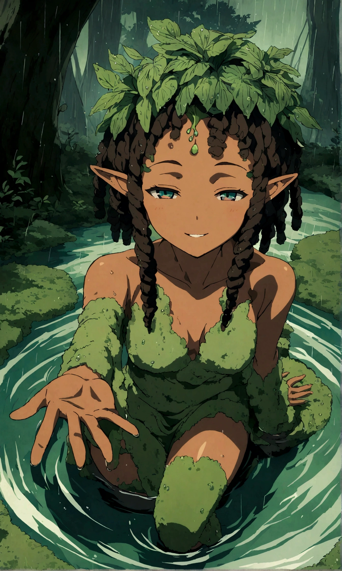 1 dryad, emerald eyes, pointy ears, dreadlocks, half-closed eyes, smile, (parted lips:0.9), tan, cute, bare shoulders, (medium breasts:0.9), hair leaf, (moss robe:1.1), moss thighhighs, (reaching:1.2), sitting, knee up, wading, (moss:1.1), spore, rain, tropical forest, sharp focus, looking at viewer, cowboy shot, from above, (intricate:1.1), (deep green theme:1.1), (deep green tone:1.1), (dark brown tone:1.1), illustration, (anime coloring:1.1),