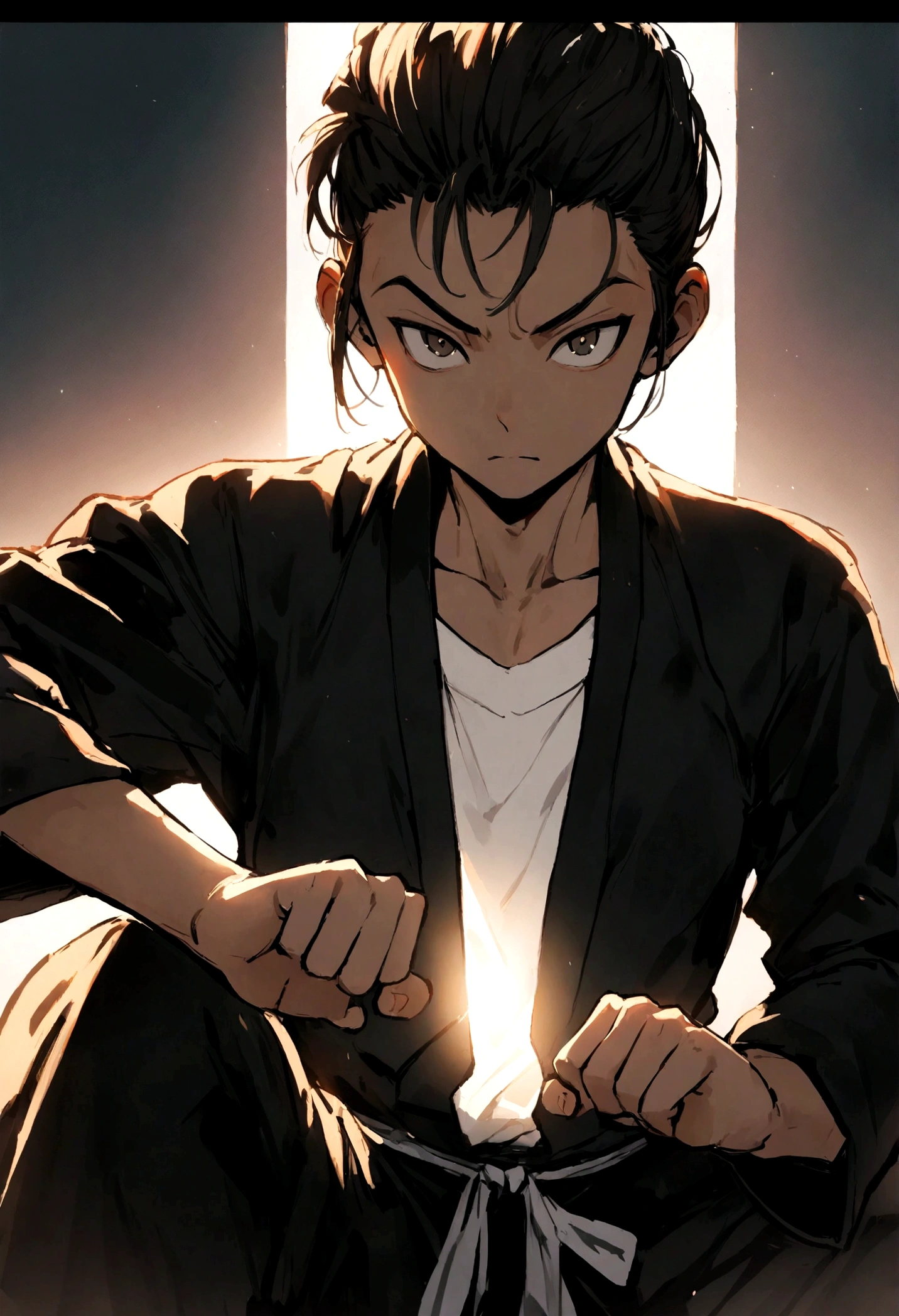 Male high school student good at martial arts, rim light, kung fu pose, cartoon form, ordinary hairstyle,