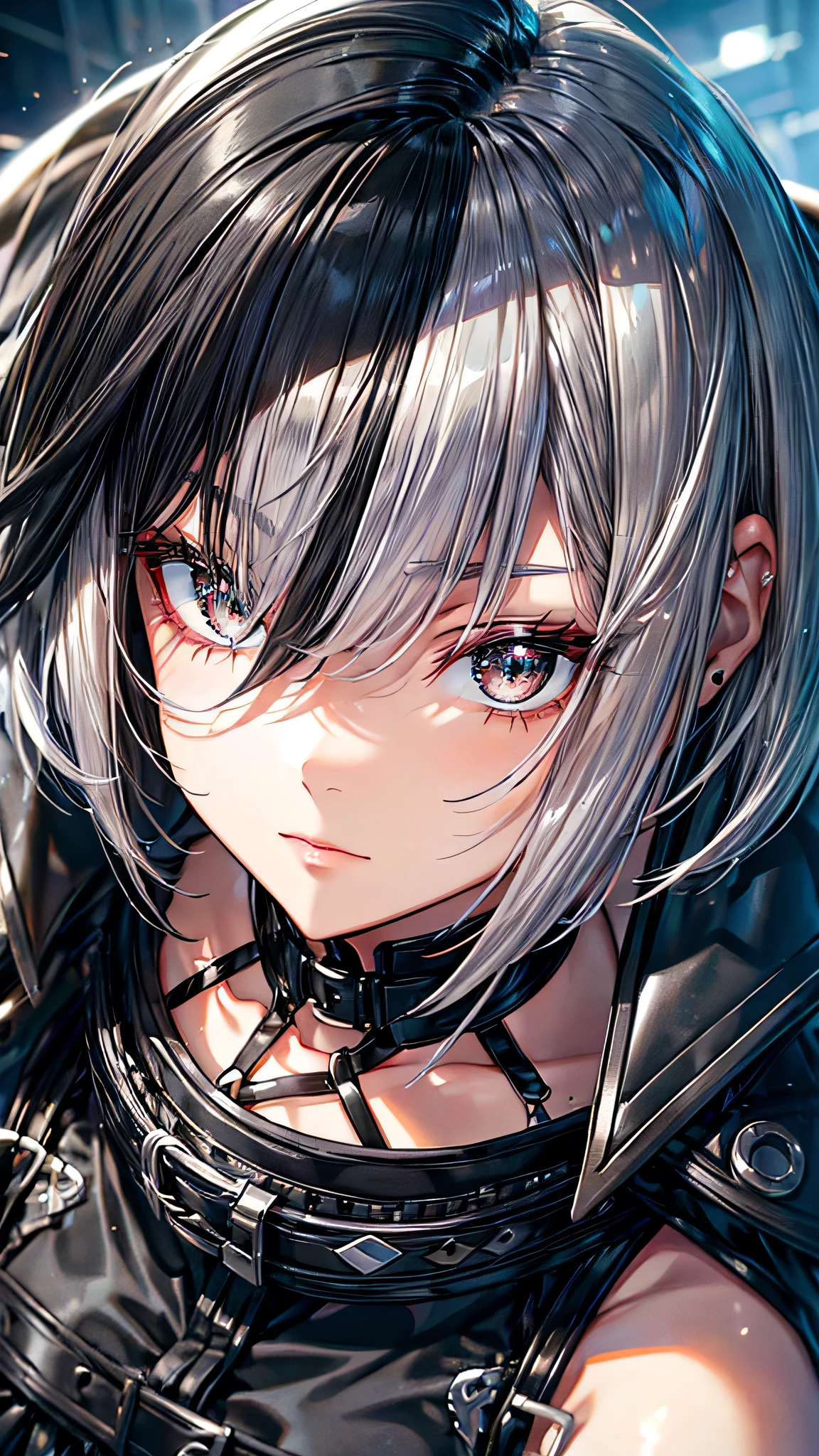 Her right eye is obscured by her bangs))), short hair, (((Hair color is two-tone silver and black))), cool woman,
