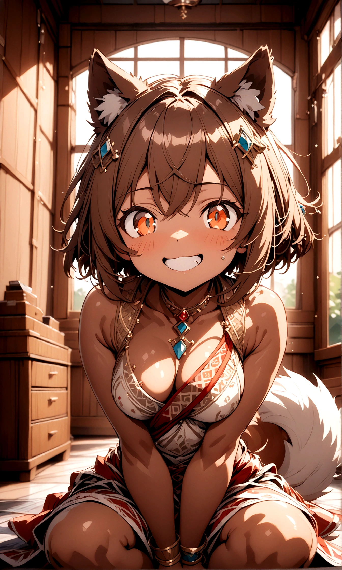 One dog, crystal eyes, Dog Ears, Dog&#39;s tail, Brown medium hair, Day焼け肌, cute, (Grin:0.9), (lips:0.7), Exposing shoulders, Big breasts, Completely ?????, hair ornaments, Sally, bracelet, Leaning forward, Sitting, Indian Style, indoor, window, Day, Natural light, Sharp focus, Cowboy Shot, (Brown theme:1.1), (brown tone:1.1), Bright Red, figure, (Anime Coloring:1.1), break (masterpiece:1.2), (Highest quality:1.2), up to date, (Intricate details:1.2), AI-generated,
