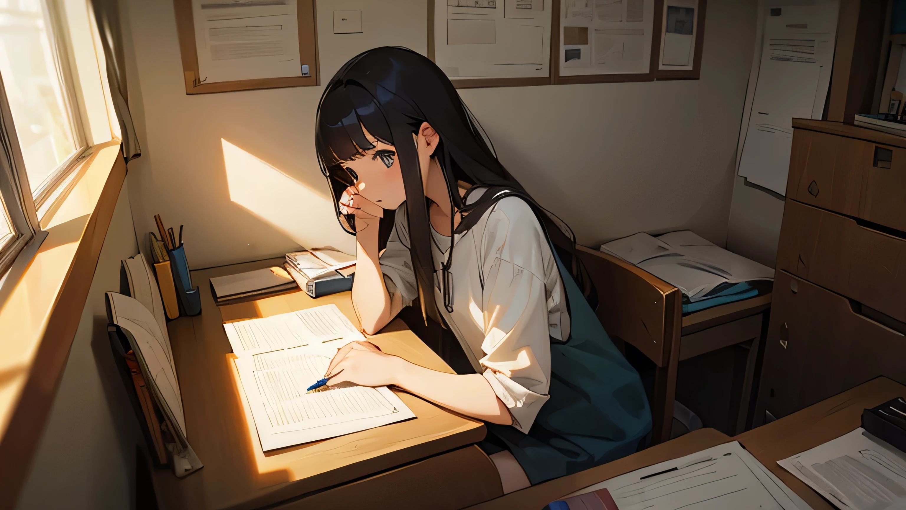 Girl studying, holding a pencil, looking at me, long hair, room