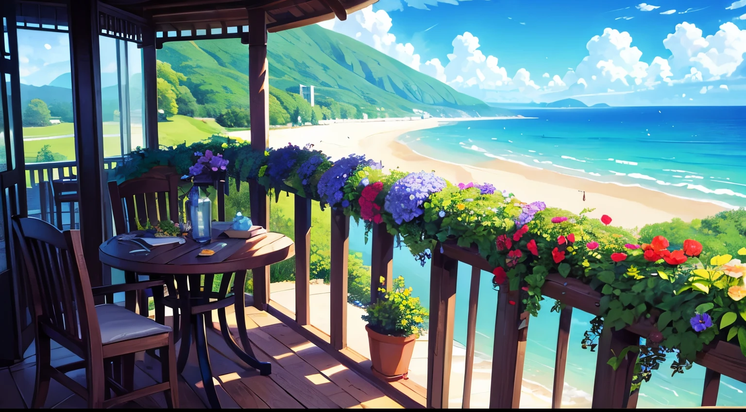 Beautiful elevated seaside balcony、Colorful flowers around、green、A landscape with depth、Fantasy worldview、Castle-like interior