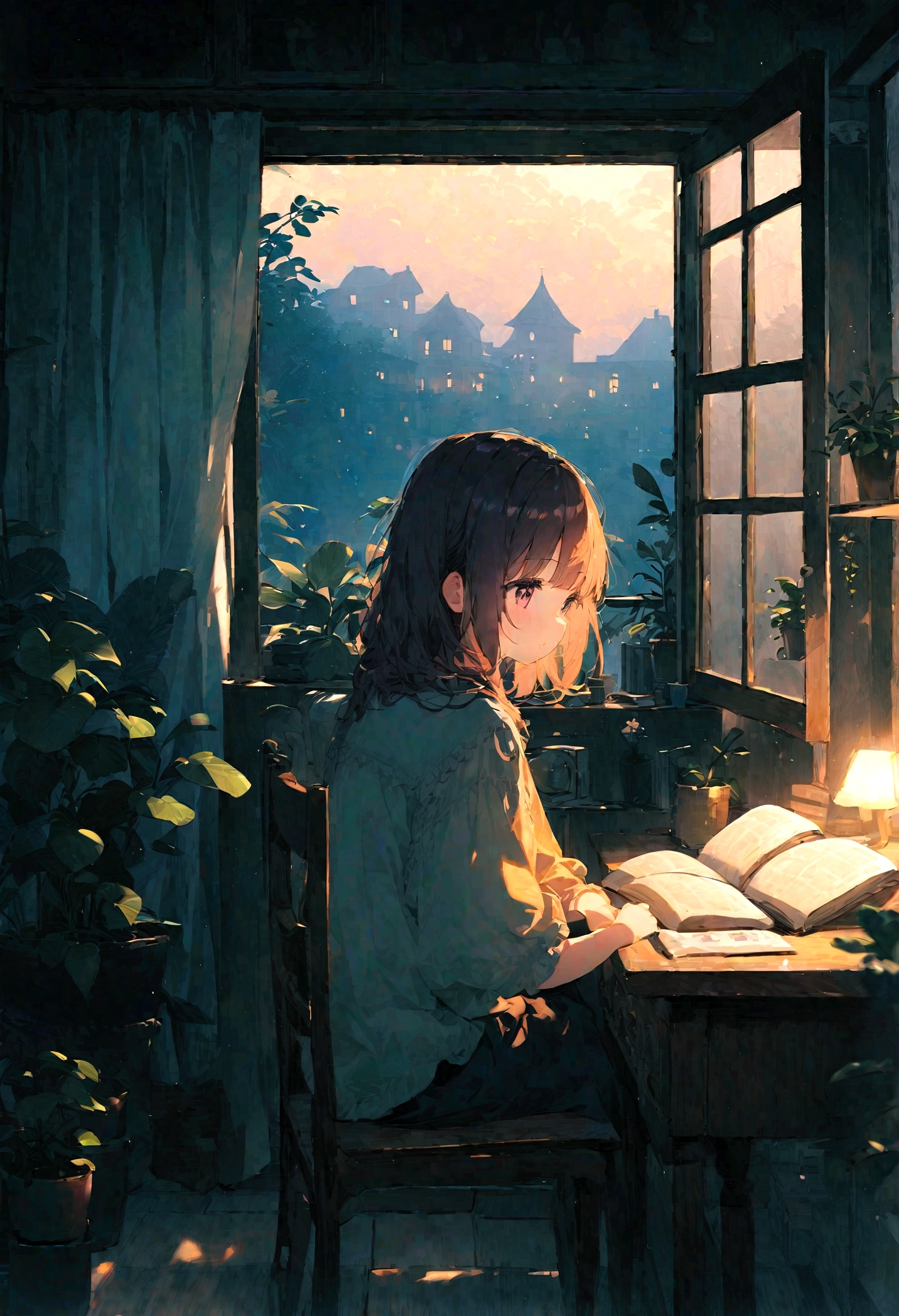 Night Room、A girl sitting at a desk reading a book alone(I haven't touched the book)、Hair is stiff、Houseplants in the room、The moonlight is shining through the window、The outside view is natural、You can see the hut in the distance