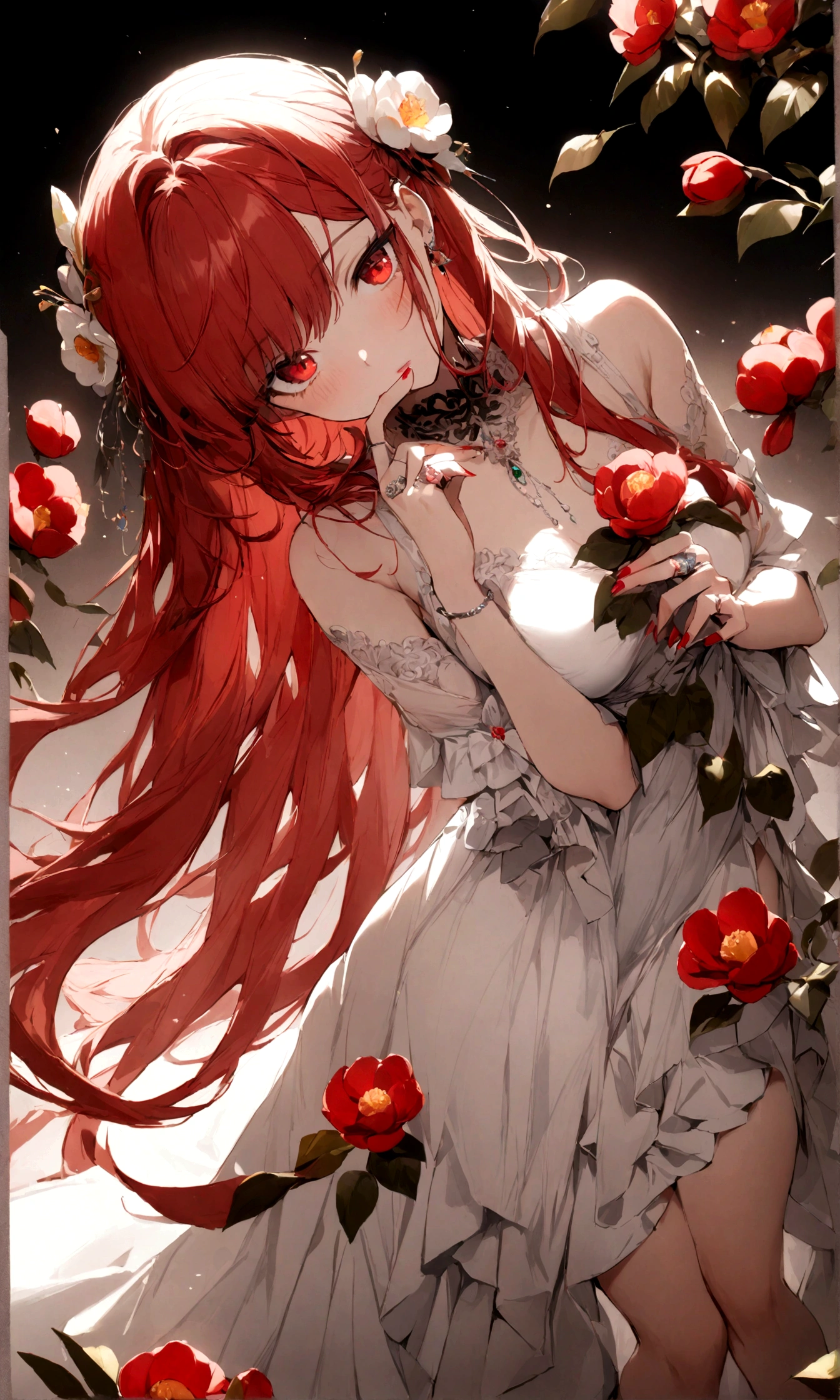 1girl, solo, alone, red eyes, long hair, white and red hair, white dress, flower, camellia, jewelry, nail polish, ring, hair ornament, flower ornaments, red nails, feet out of frame, White hell, masterpiece, best quality,