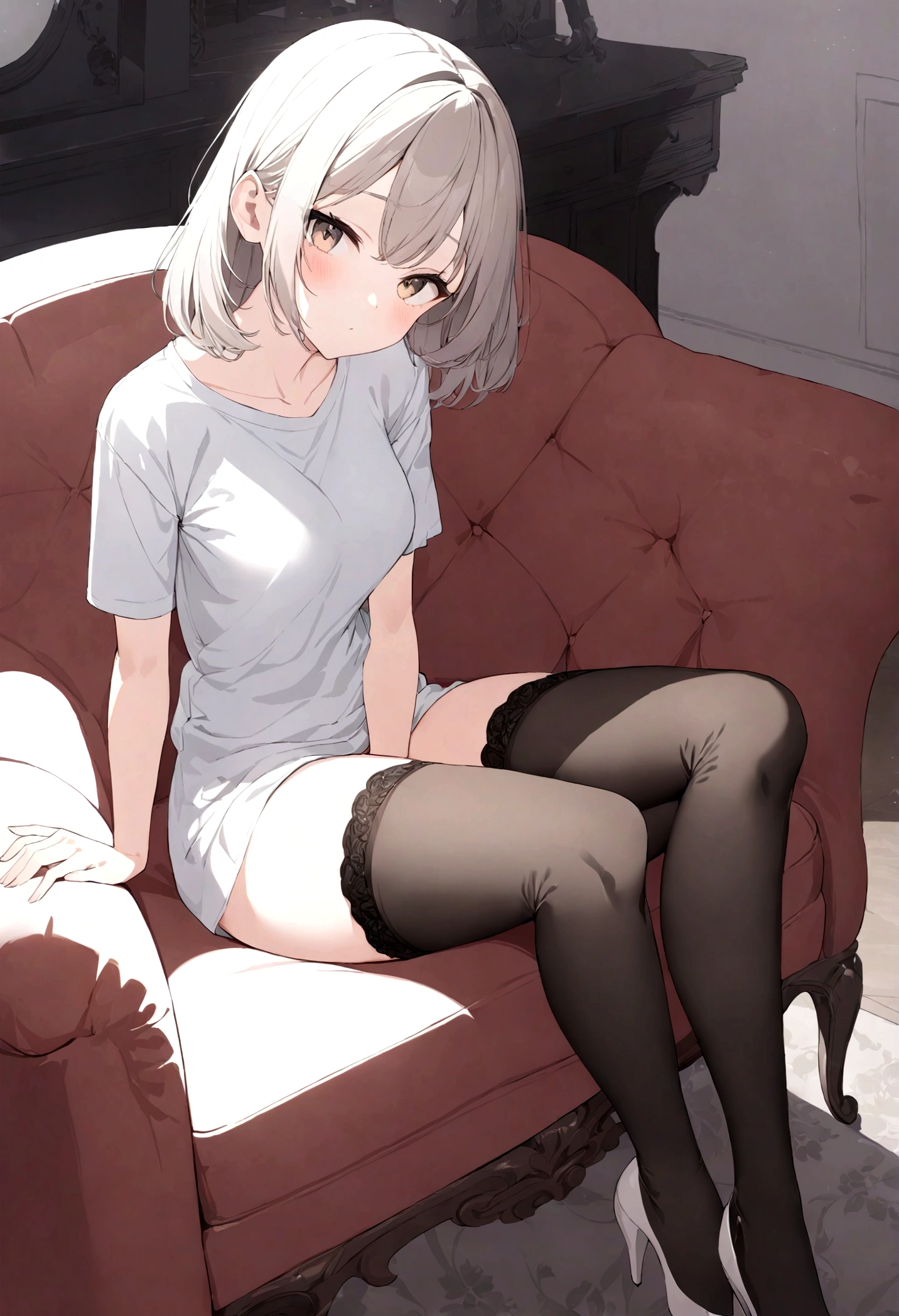 one-girl,Sit on a comfortable sofa,Cross ed leg,Soft light,wearing silk stockings,Wear a shirt ,Wear high heels,