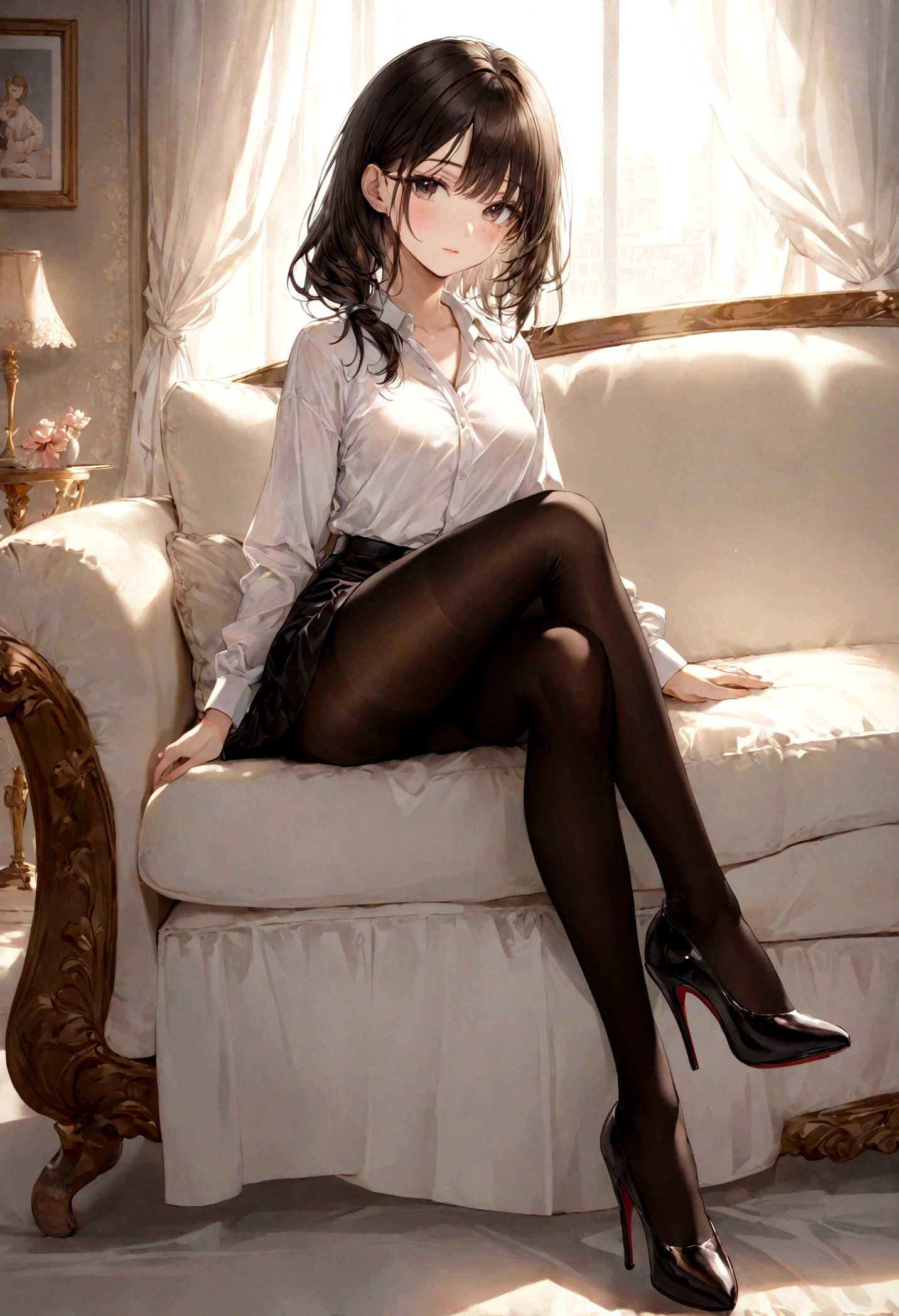 (((Shooting from a low angle below))), a girl blouse and tight skirt, sitting showing her underwear, long stockings or pantyhose, ((upskirt)), camel toe, sexy underwear, medium breasts, spread legs, (very detailed), ((perfectly detailed face)), (detailed face), (detailed hand), photorealistic image.