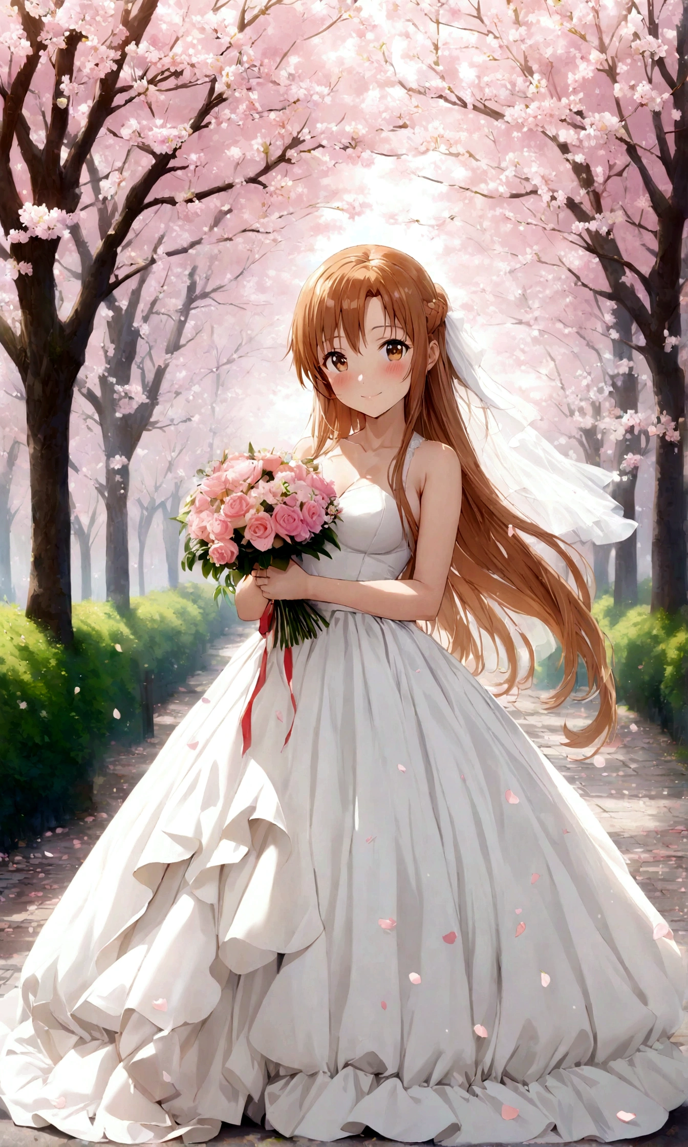 a beautiful anime girl with long white hair holding a bouquet of flowers, 1girl, asuna (sao), dress, long hair, pink flower, solo, smile, brown eyes, brown hair, outdoors, wedding dress, holding, flower, bouquet, breasts, white dress, braid, cherry blossoms, looking at viewer, tree, holding bouquet, blush , ((masterpiece, best quality1.5)),((masterpiece1.5)), ((best quality1.5)), (ultra-detailed1.5),photorealism, highly detailed