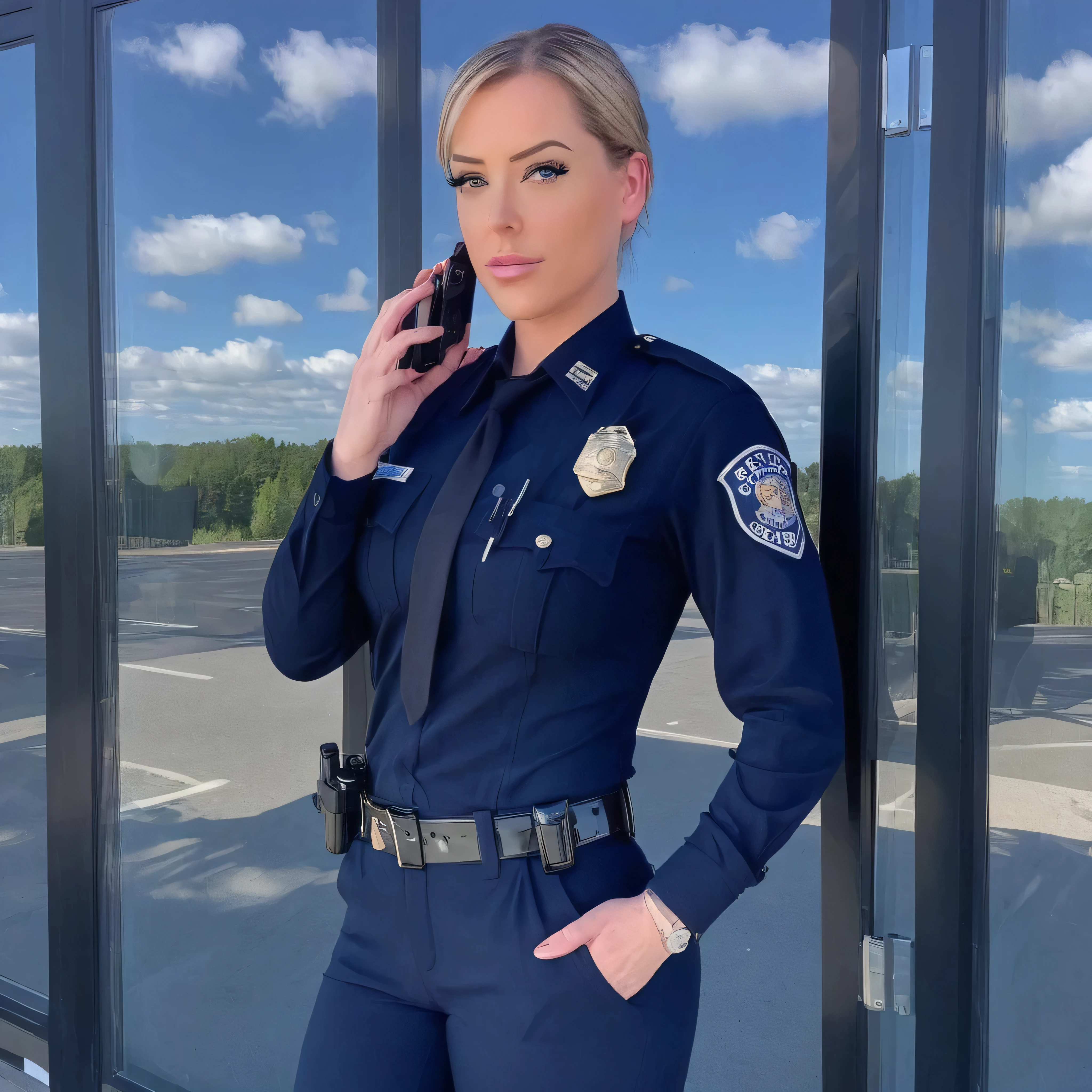 Laurence bedard in a police uniform holding a cell phone, wearing a police uniform, police officer, police lights shine on her face, brave police j decker face, officer, bodycam, police uniform, full body camera shot, in black uniform, bodycam footage, sparkling-eyes, perfect-eyes, full-lips, perfect-lips, stunningly-beautiful, high-saturation, 35mm-raw-photo, dynamic-composition, intense-expressions, police officer hit, (brave police j decker), cop, police