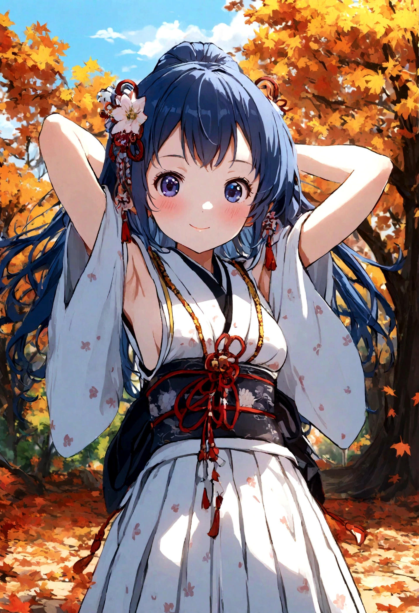 kimi ga nozomu eien/hyouka wallpaper hhd 1334x768 - anime karaoke music videos, 1girl, solo, outdoors, armpits, blue eyes, japanese clothes, hair ornament, smile, blue hair, looking at viewer, x hair ornament, breasts, blush, tree, day, kafuu chino, arms up, hakama, closed mouth, skirt, autumn leaves