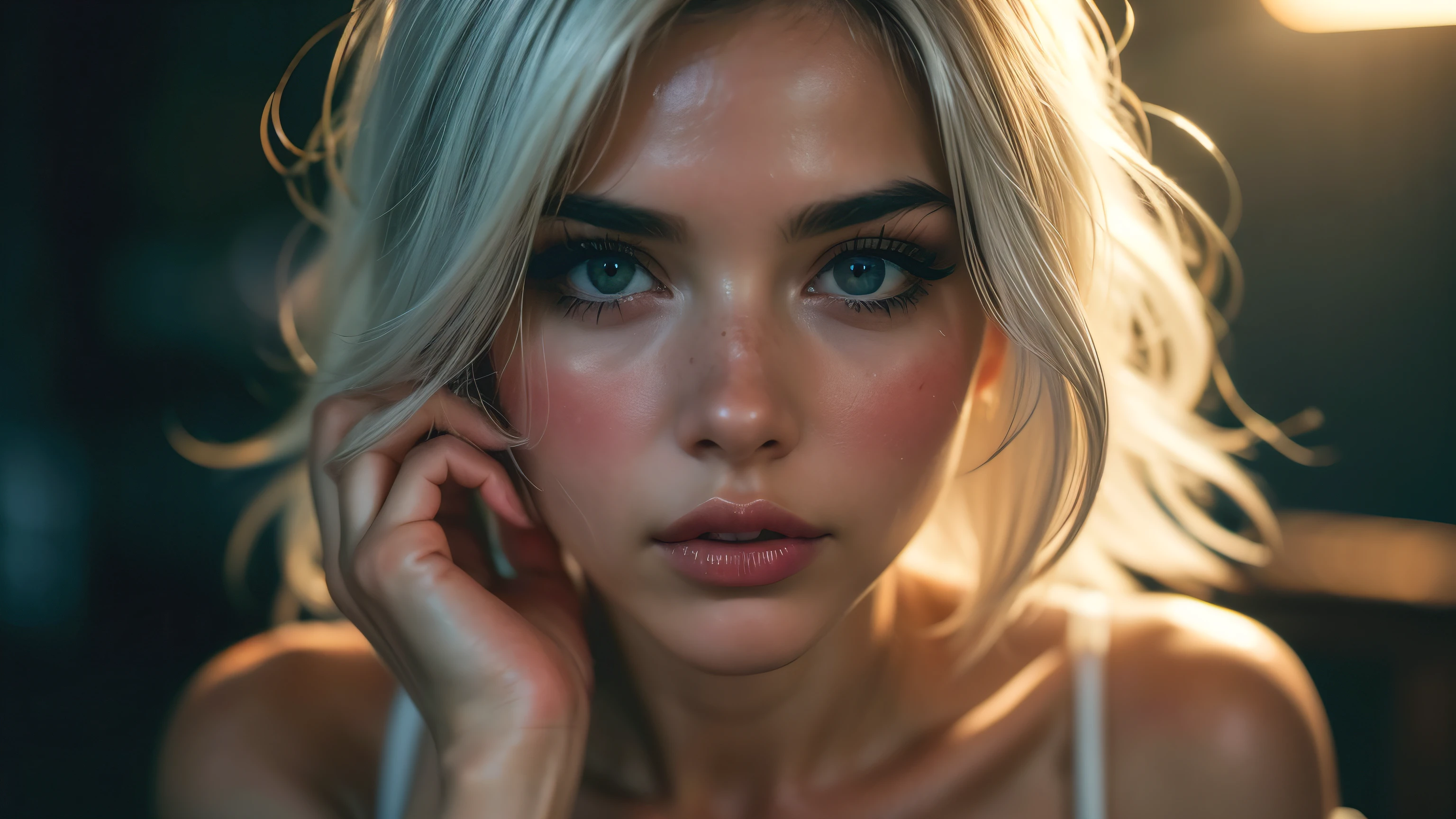 (((ultra realistic))) Photo, masterpiece, top quality, (pale skin), (Ultra detailed face and eyes:1.3), 1 girl in a mini dress, (Eye makeup, mascara) , ((large detailed lips)), ((white hair)), ((Chyolka)) , (Natural breasts), Slim waist. ((Posing)), photoshoot, studio (soft lighting), (The play of light and shadows), depth of field, bokeh, (special attention to skin detail: 1.2), Detailed leather texture, skin pores. (Warm atmosphere of the frame. Color range - black, purple, Pink, blue tones), UDR, ((Film grain)), ((rays)), ((Glare)), ((Photo to the waist, close to the camera)) , ultra detialed, cleavage, pantyhose