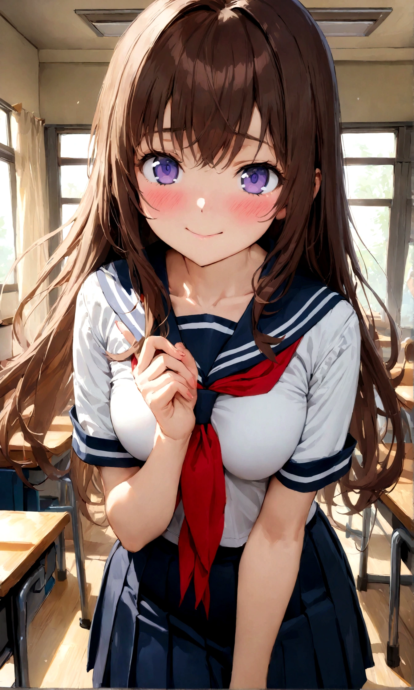 Kisetsu no Kanojo Ariko no Aria Yuuki Jourou no Saki-Koufu Hanasho anime, brown hair, , long hair, looking at viewer, indoors, smile, desk, blush, serafuku, breasts, sailor collar, solo focus, chair, classroom, skirt, short sleeves, bangs, neckerchief , ((masterpiece, best quality1.5)),((masterpiece1.5)), ((best quality1.5)), (ultra-detailed1.5),photorealism, highly detailed
Model & LoRA used