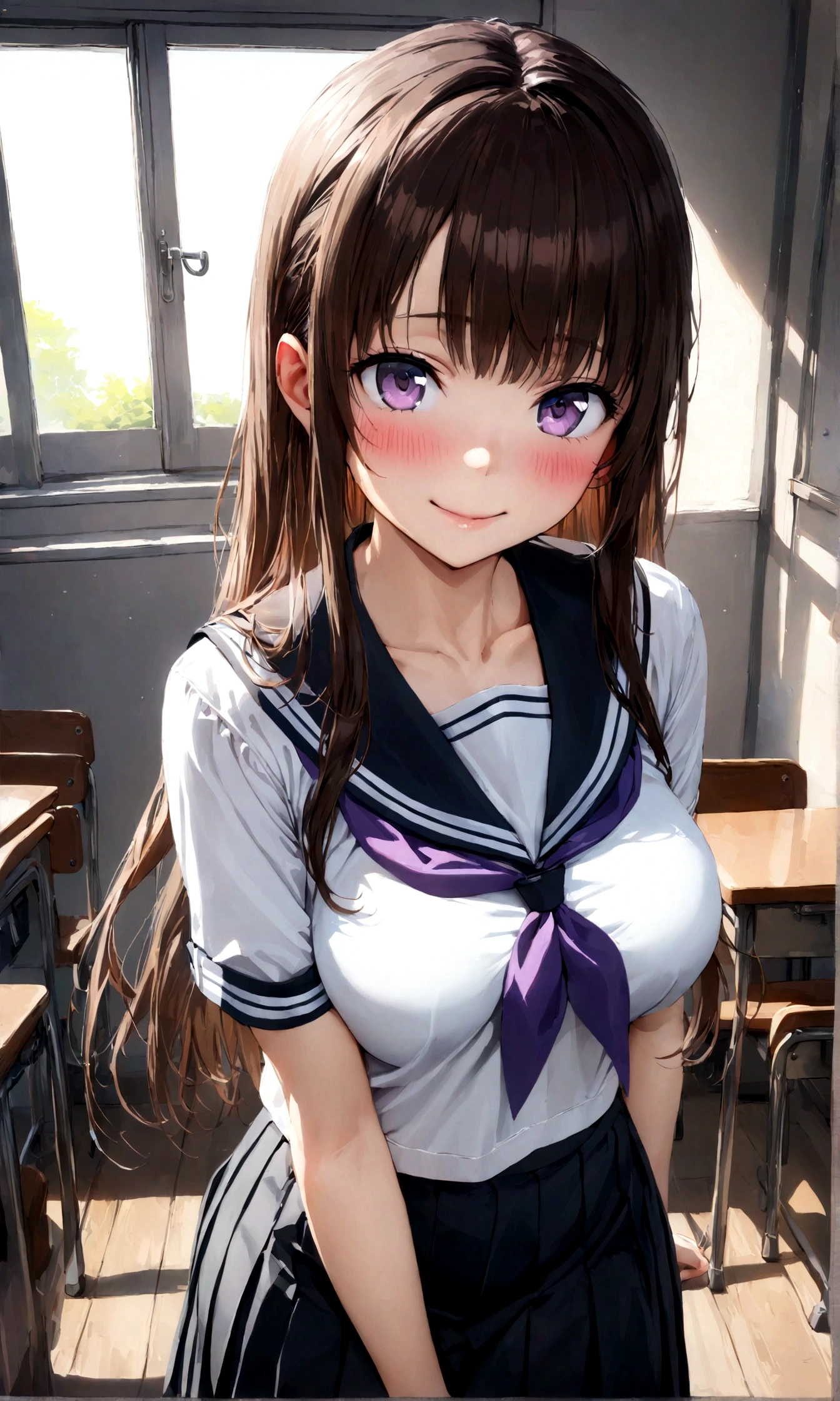 Kisetsu no Kanojo Ariko no Aria Yuuki Jourou no Saki-Koufu Hanasho anime, brown hair, , long hair, looking at viewer, indoors, smile, desk, blush, serafuku, breasts, sailor collar, solo focus, chair, classroom, skirt, short sleeves, bangs, neckerchief , ((masterpiece, best quality1.5)),((masterpiece1.5)), ((best quality1.5)), (ultra-detailed1.5),photorealism, highly detailed
Model & LoRA used
