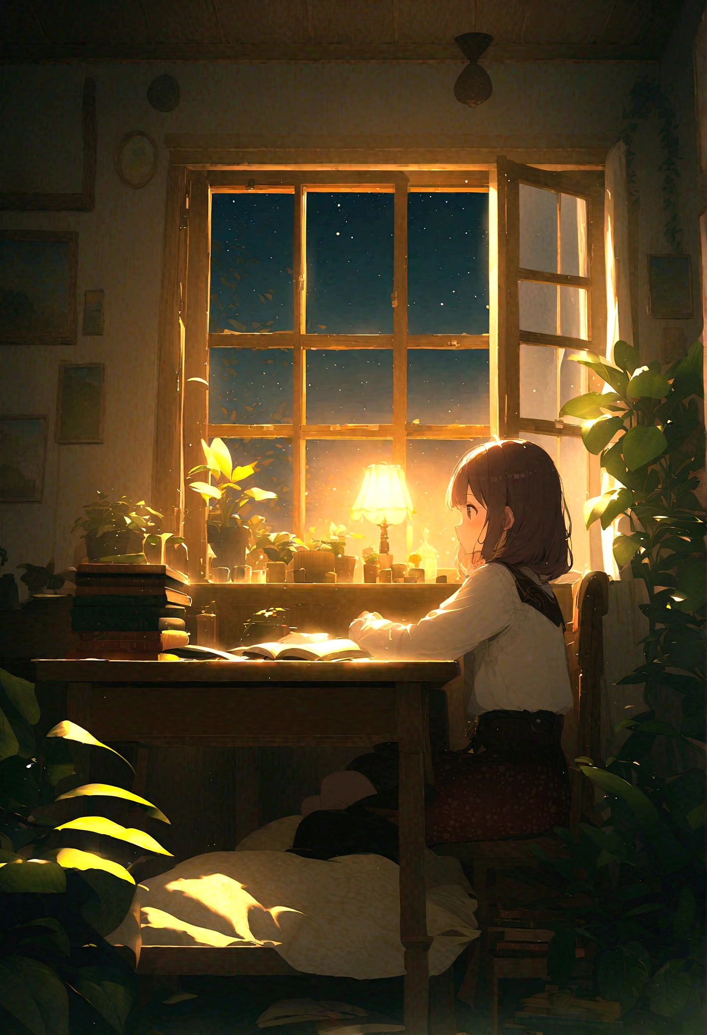 Night Room、A girl sitting at a desk reading a book alone(I haven't touched the book)、Hair is stiff、Houseplants in the room、The moonlight is shining through the window、The outside view is natural、You can see the hut in the distance、Aspect ratio16:9