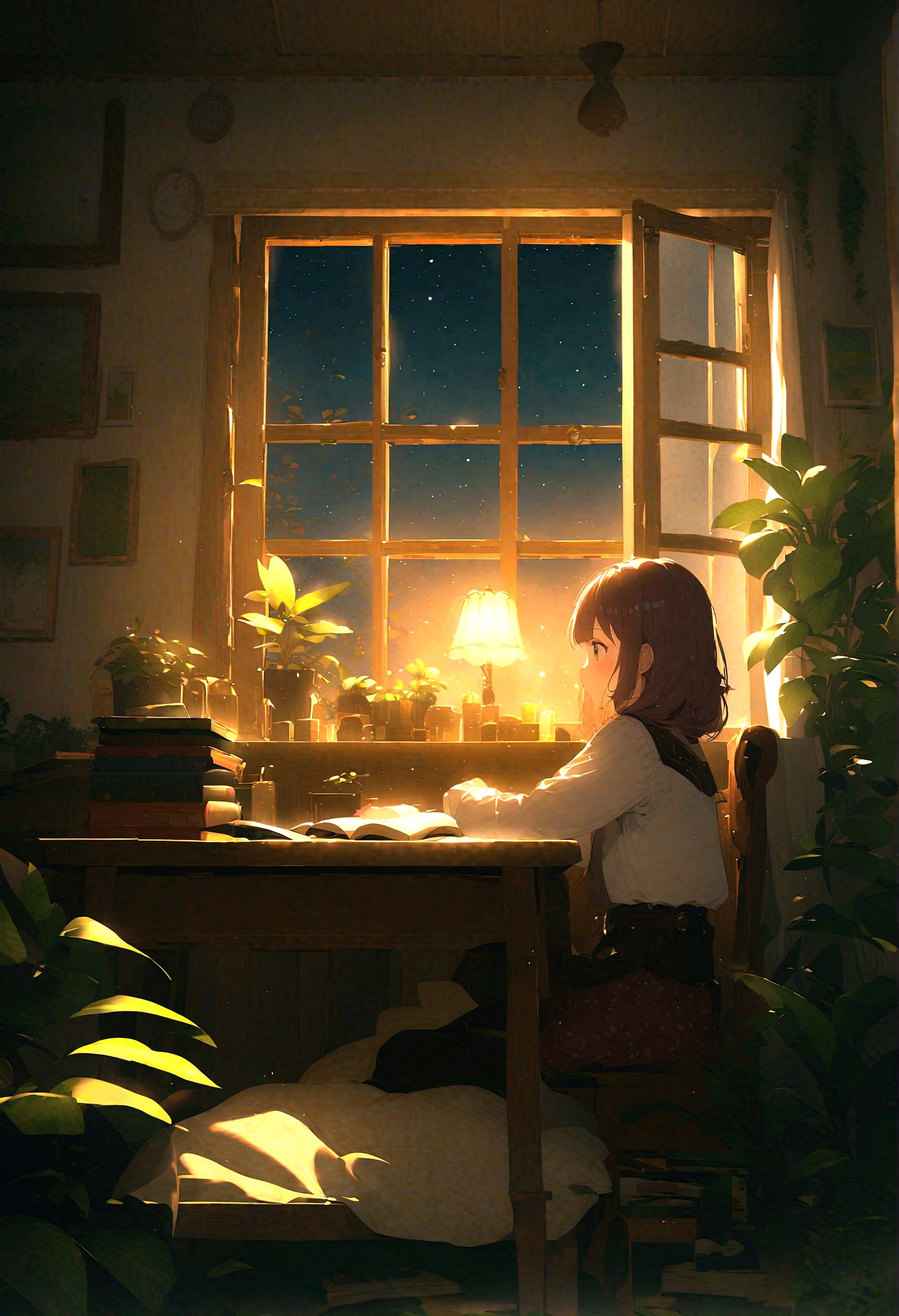 Night Room、A girl sitting at a desk reading a book alone(I haven&#39;t touched the book)、Hair is stiff、Houseplants in the room、The moonlight is shining through the window、The outside view is natural、You can see the hut in the distance、Aspect ratio16：9