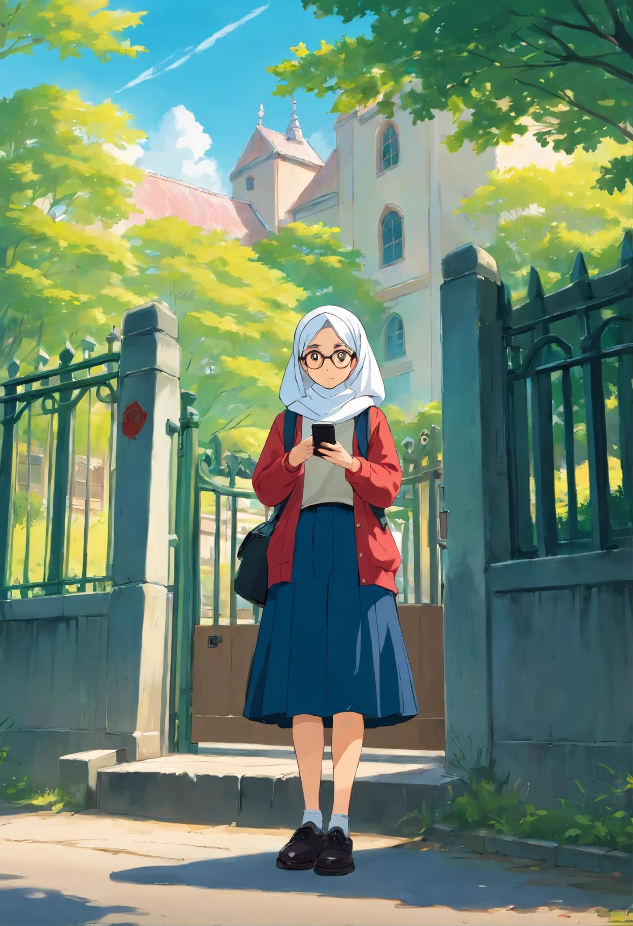 In front of a school full of students coming home from school, a girl wearing a white hijab in a with a long-sleeved top and long dark blue skirt with black shoes stood alone, her eyes focused quietly looking at a tall man wearing glasses, black comma hair, wearing a top uniform. light green with white striped batik pattern and red trousers standing in front of the school fence playing with his cellphone.