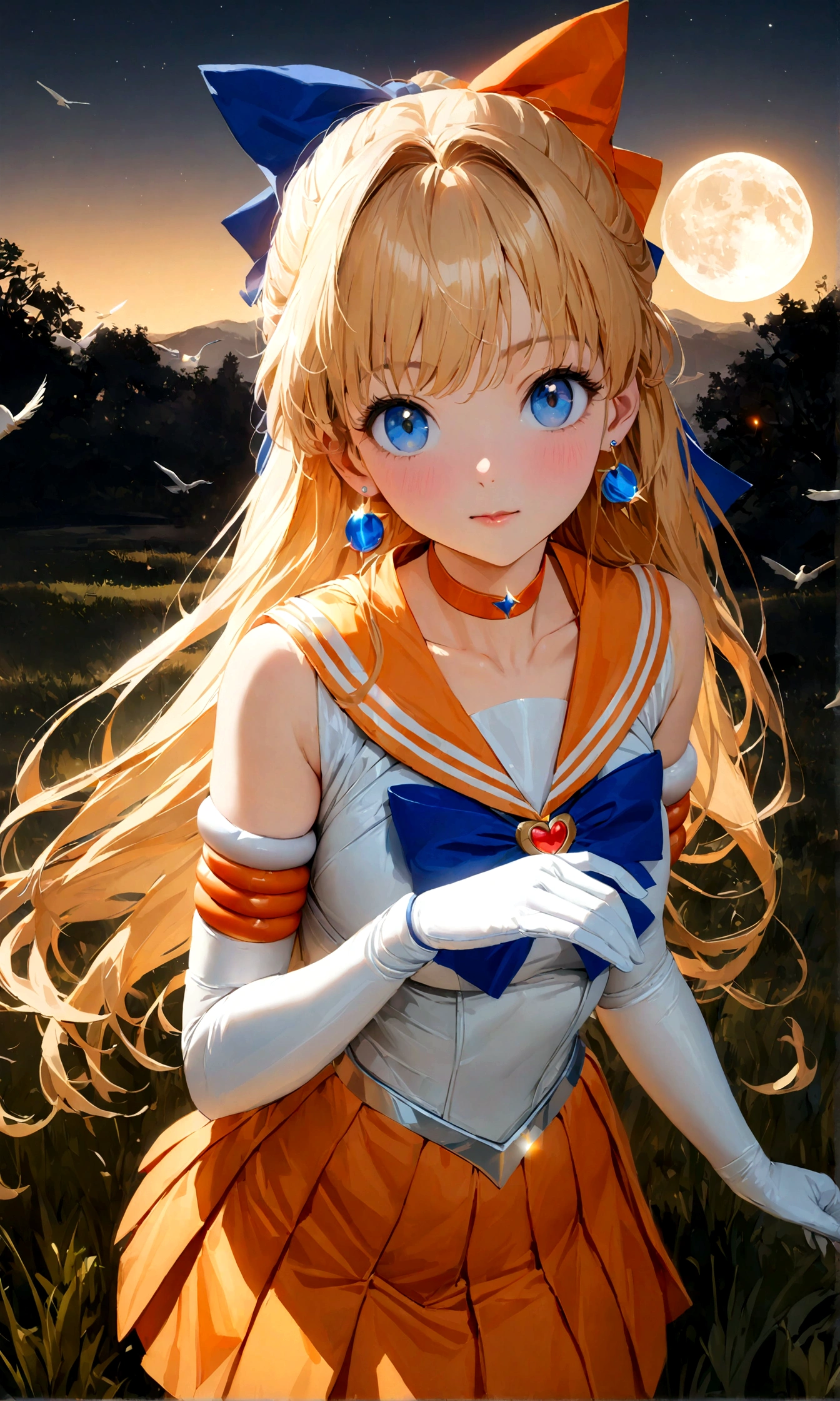 anime girl that is dressed up in sailor costume in the dark, 1girl, sailor senshi uniform, gloves, long hair, skirt, orange choker, solo, moon, blue eyes, blonde hair, sailor venus, bow, night, white gloves, magical girl, elbow gloves, choker, full moon, sailor collar, jewelry, hair bow, outdoors, aino minako, grass, bird, earrings, orange sailor collar, orange skirt, sky, pleated skirt , ((masterpiece, best quality1.5)),((masterpiece1.5)), ((best quality1.5)), (ultra-detailed1.5),photorealism, highly detailed, see-through