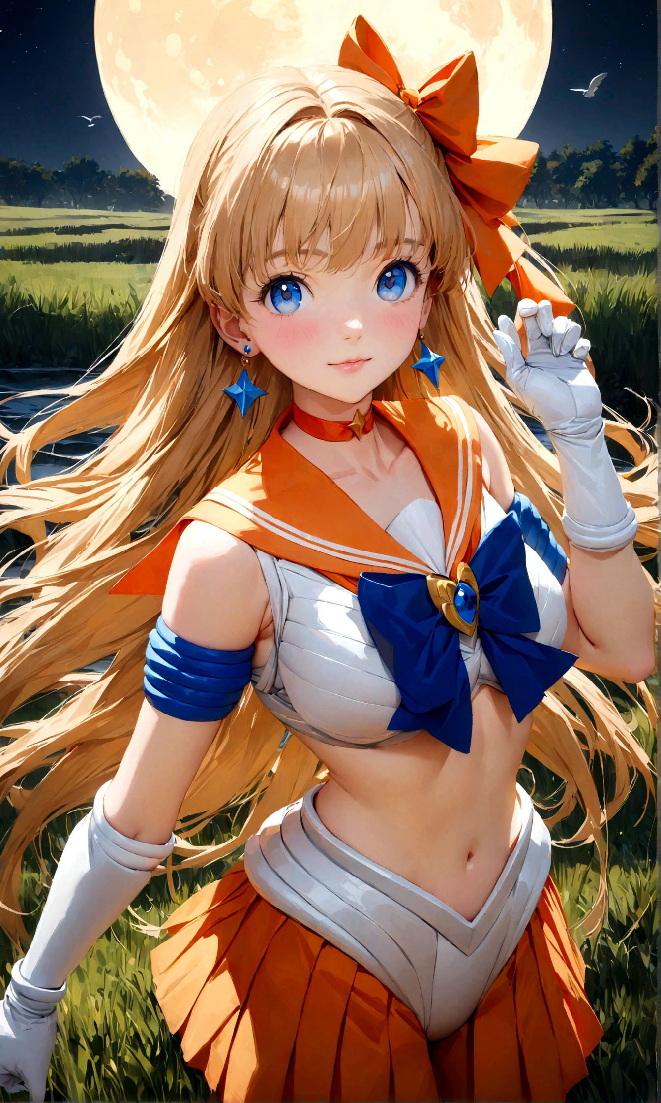 anime girl that is dressed up in sailor costume in the dark, 1girl, sailor senshi uniform, gloves, long hair, skirt, orange choker, solo, moon, blue eyes, blonde hair, sailor venus, bow, night, white gloves, magical girl, elbow gloves, choker, full moon, sailor collar, jewelry, hair bow, outdoors, aino minako, grass, bird, earrings, orange sailor collar, orange skirt, sky, pleated skirt , ((masterpiece, best quality1.5)),((masterpiece1.5)), ((best quality1.5)), (ultra-detailed1.5),photorealism, highly detailed, see-through