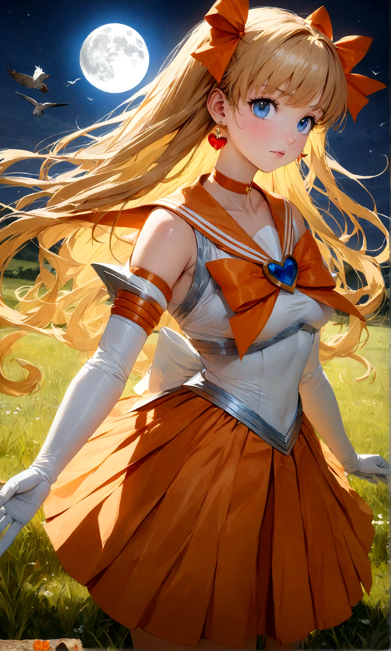 anime girl that is dressed up in sailor costume in the dark, 1girl, sailor senshi uniform, gloves, long hair, skirt, orange choker, solo, moon, blue eyes, blonde hair, sailor venus, bow, night, white gloves, magical girl, elbow gloves, choker, full moon, sailor collar, jewelry, hair bow, outdoors, aino minako, grass, bird, earrings, orange sailor collar, orange skirt, sky, pleated skirt , ((masterpiece, best quality1.5)),((masterpiece1.5)), ((best quality1.5)), (ultra-detailed1.5),photorealism, highly detailed, see-through
