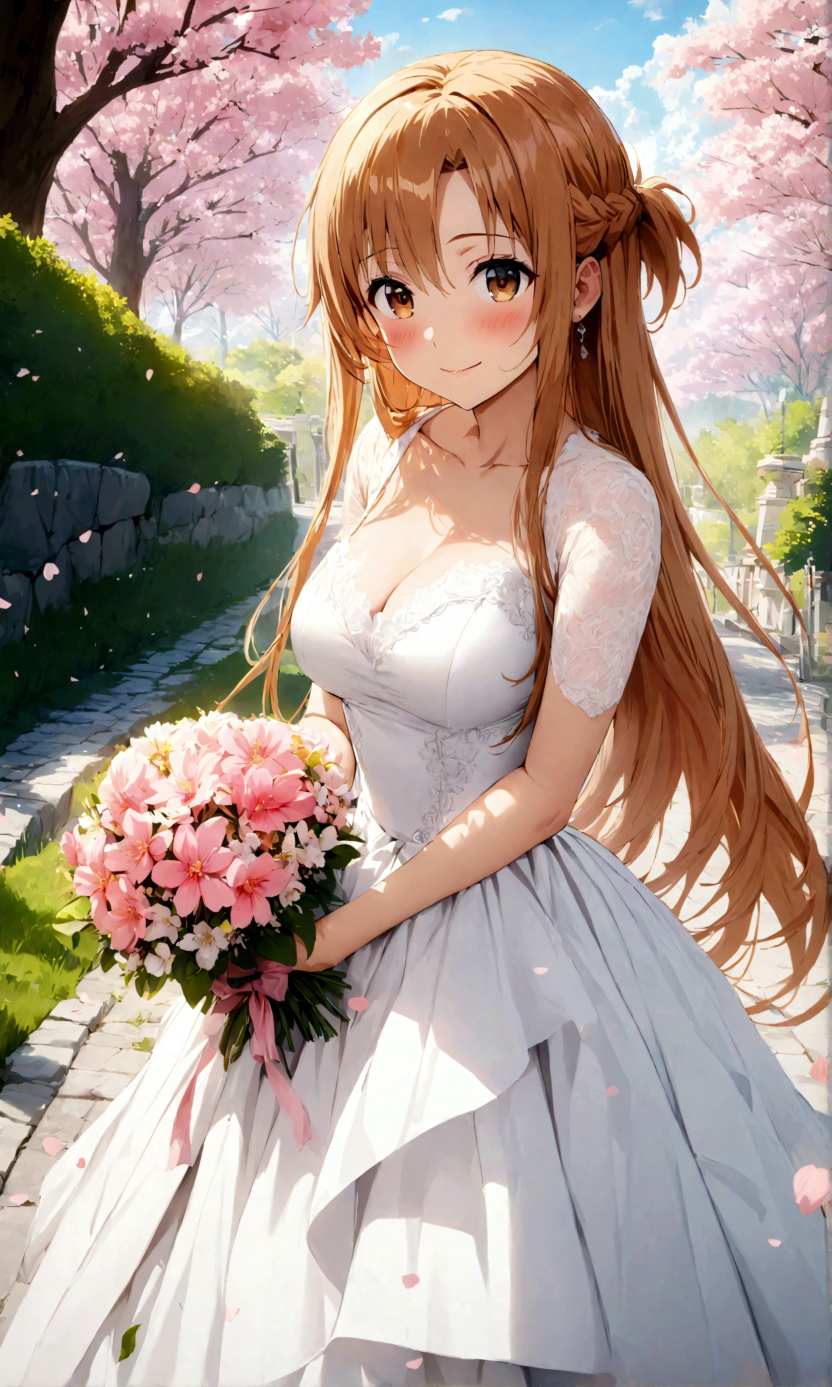 a beautiful anime girl with long white hair holding a bouquet of flowers, 1girl, asuna (sao), dress, long hair, pink flower, solo, smile, brown eyes, brown hair, outdoors, wedding dress, holding, flower, bouquet, breasts, white dress, braid, cherry blossoms, looking at viewer, tree, holding bouquet, blush , ((masterpiece, best quality1.5)),((masterpiece1.5)), ((best quality1.5)), (ultra-detailed1.5),photorealism, highly detailed