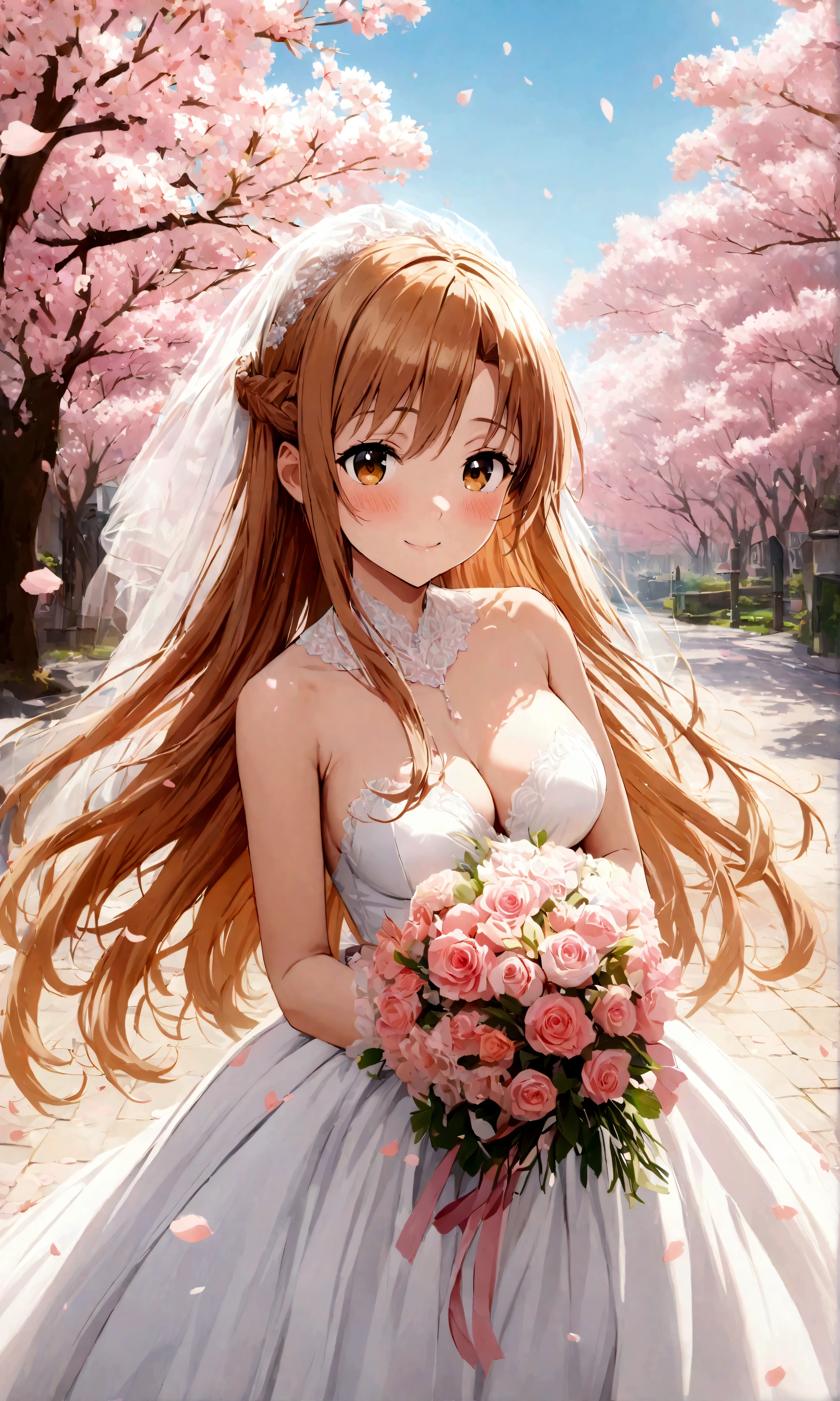 a beautiful anime girl with long white hair holding a bouquet of flowers, 1girl, asuna (sao), dress, long hair, pink flower, solo, smile, brown eyes, brown hair, outdoors, wedding dress, holding, flower, bouquet, breasts, white dress, braid, cherry blossoms, looking at viewer, tree, holding bouquet, blush , ((masterpiece, best quality1.5)),((masterpiece1.5)), ((best quality1.5)), (ultra-detailed1.5),photorealism, highly detailed