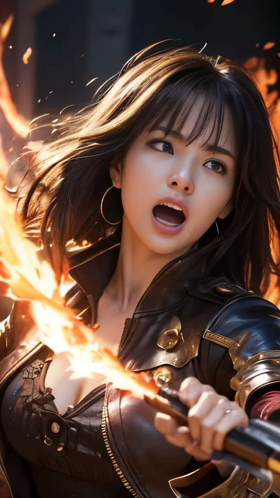 (Highly detailed CG Unity 8k wallpaper, highest quality, Super detailed, Looking at the camera), Your clothes are torn:1.5, A Western woman fused with an Ifrit, Deathblow, Brave woman, shout out loud:1.5, Open your mouth, Summoner, Flames bleed out instead of blood, body and soul