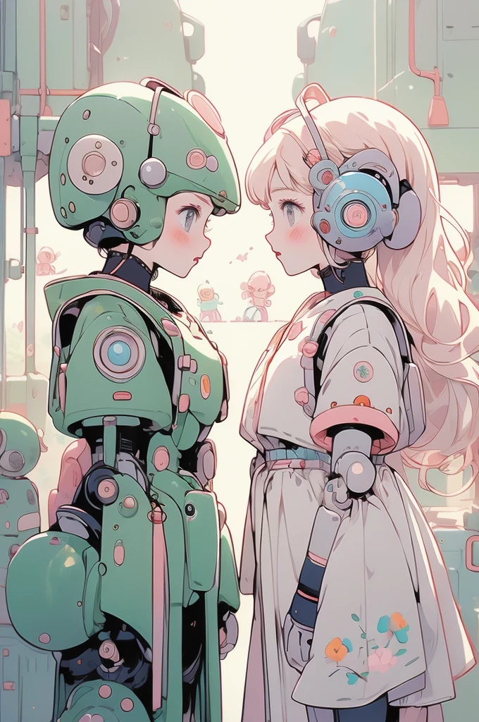 (pastel colour:1.2)、(Cute illustrations:1.2)、(Girls and robots　Face to face)、Hand to hand