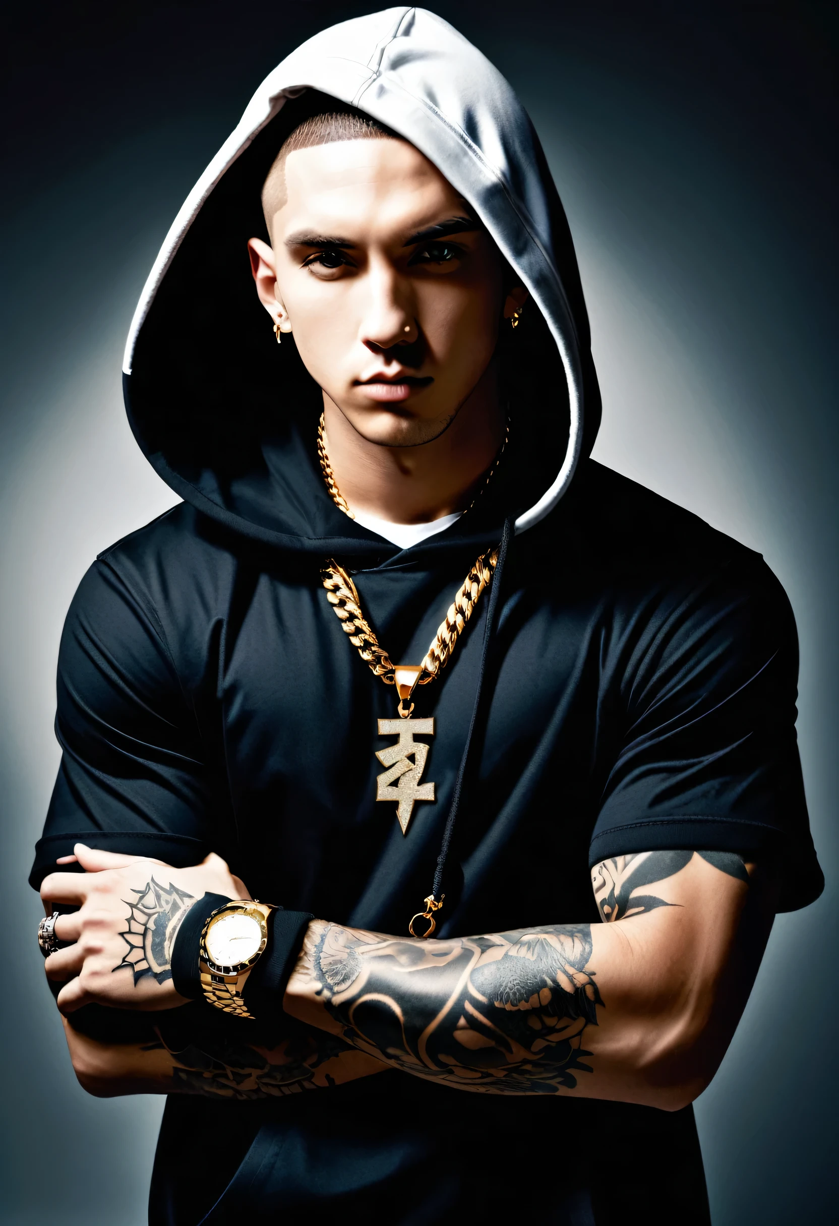 Male hip hop、A man wearing a hoodie、Her mouth is covered with a scarf、looks strong、Staring at me、Monochrome、There is a tattoo on his arm、Hip hop image、Black man、Man with arms crossed、hoodie,She has a gold necklace around her neck、Ears pierced、Hip hop pose、fuck、Eminem