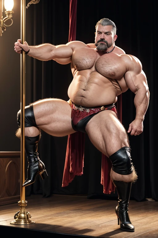 Hyperrealistic image of an elderly 19th century blonde German steampunk pole dancer superhero with bare torso combed gray hair and huge handlebar mustaches A super heavy bodybuilder flexing his muscles A full body obese bodybuilder with a very sweaty body An extremely muscular man and extremely fat over 70 years old weighing over 600 pounds a very hairy muscular man with very large legs and large sagging pectorals, dark nipples and gynecomastia on the stage of a steampunk theater with red velvet curtains and gold fringes dressed in a black satin thong black lace stockings on the legs black very high heels