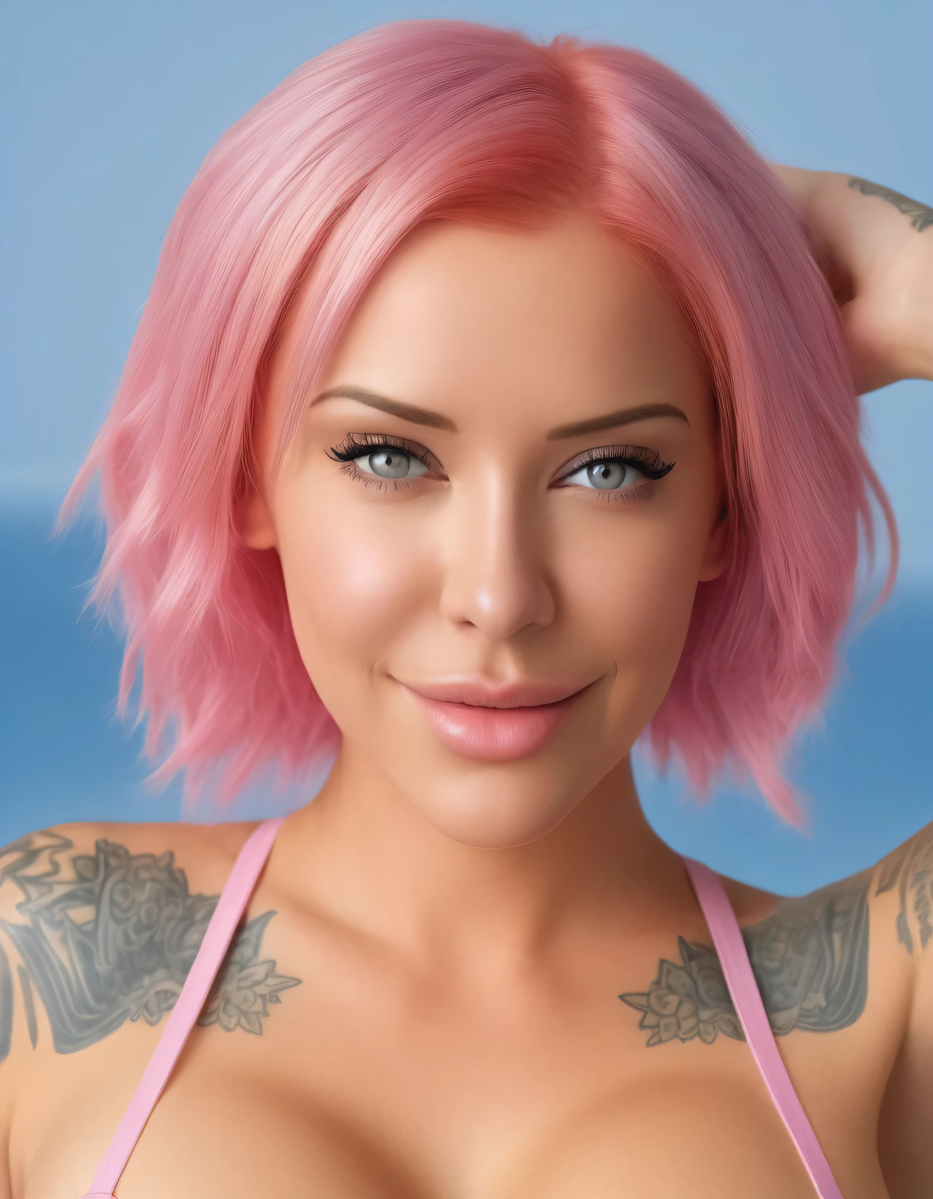 Laurence bedard, highly detailed, a MASTERPIECE, ULTRA-REALISTIC, seductive erotic female is sweating, wearing a wet cropped T-shirt she is smiling at viewer,(busty, hard nipples:1.3 pink/blue hair), centred on the upper body, focused, intricate eyes,