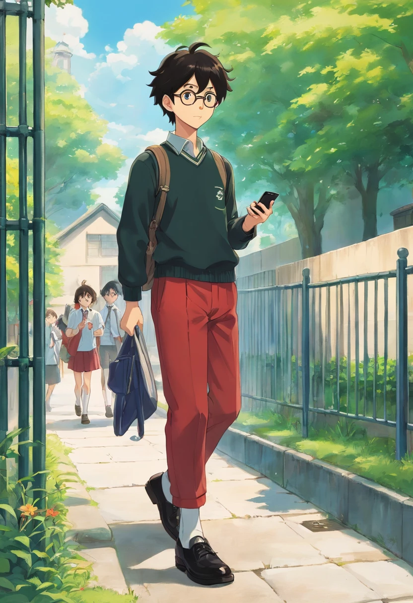 In front of a school full of students coming home from school, a young tall man wearing glasses, black comma hair, wearing a top uniform. light green with white striped batik pattern and red trousers with black shoes standing in front of the school fence playing with his cellphone.