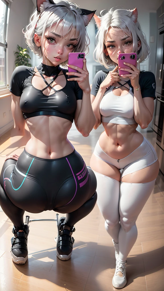 ((gorgeous)), (an extremely delicate and beautiful), (clear lines, smooth lines), bedroom, criss-cross, sitting on floor, hunched over, bored, pursed lips, midriff, mirror selfie, holding smartphone, masterpiece, 1girl, cat ears, (short hair, silver hair, white hair), slender figure, purple eyes, glowing eyes, fishnet leggings, pleated skirt, cropped sailor top, gentle lighting,fishnet legwear